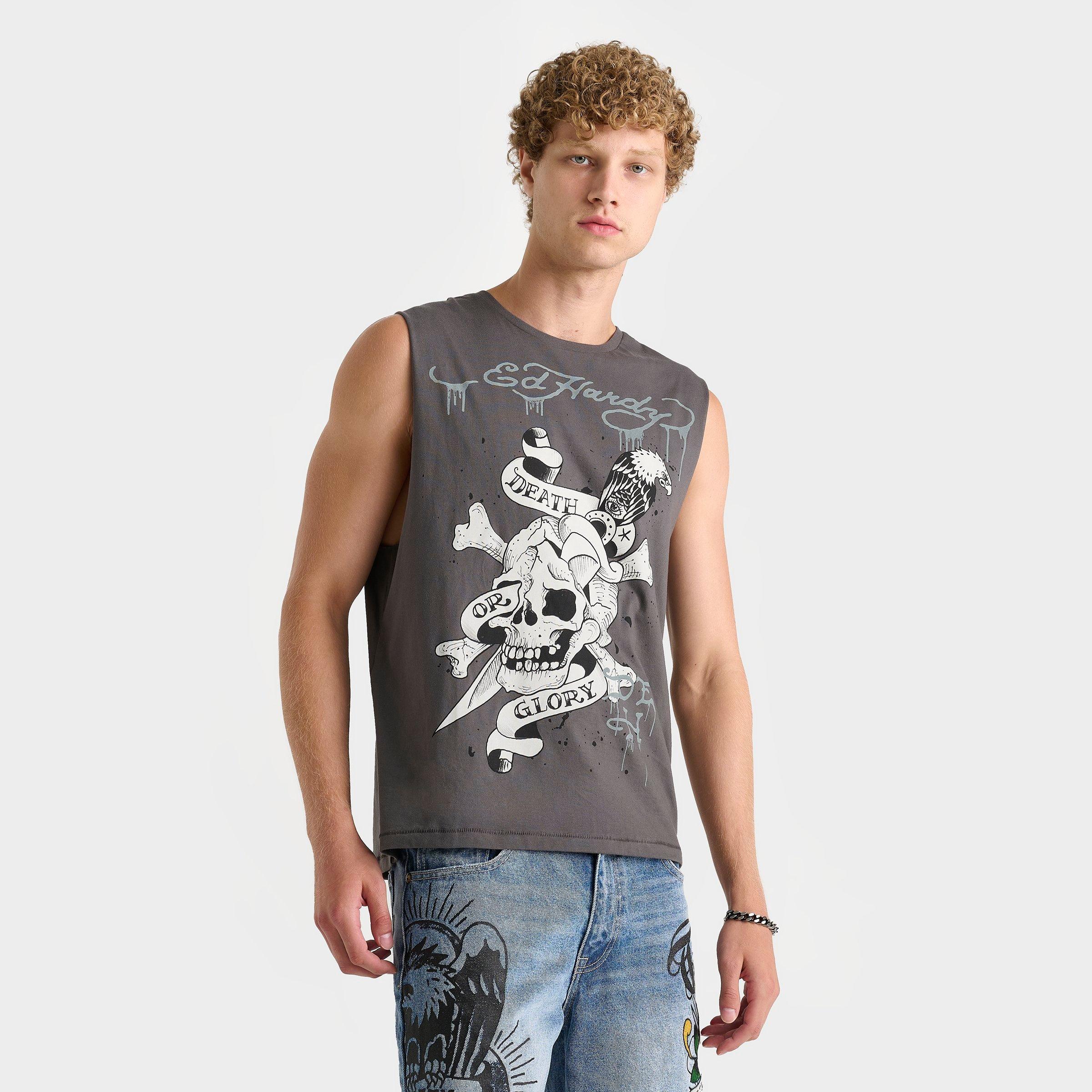 Men's Ed Hardy Death Or Glory Skull Graphic Cut-Off T-Shirt