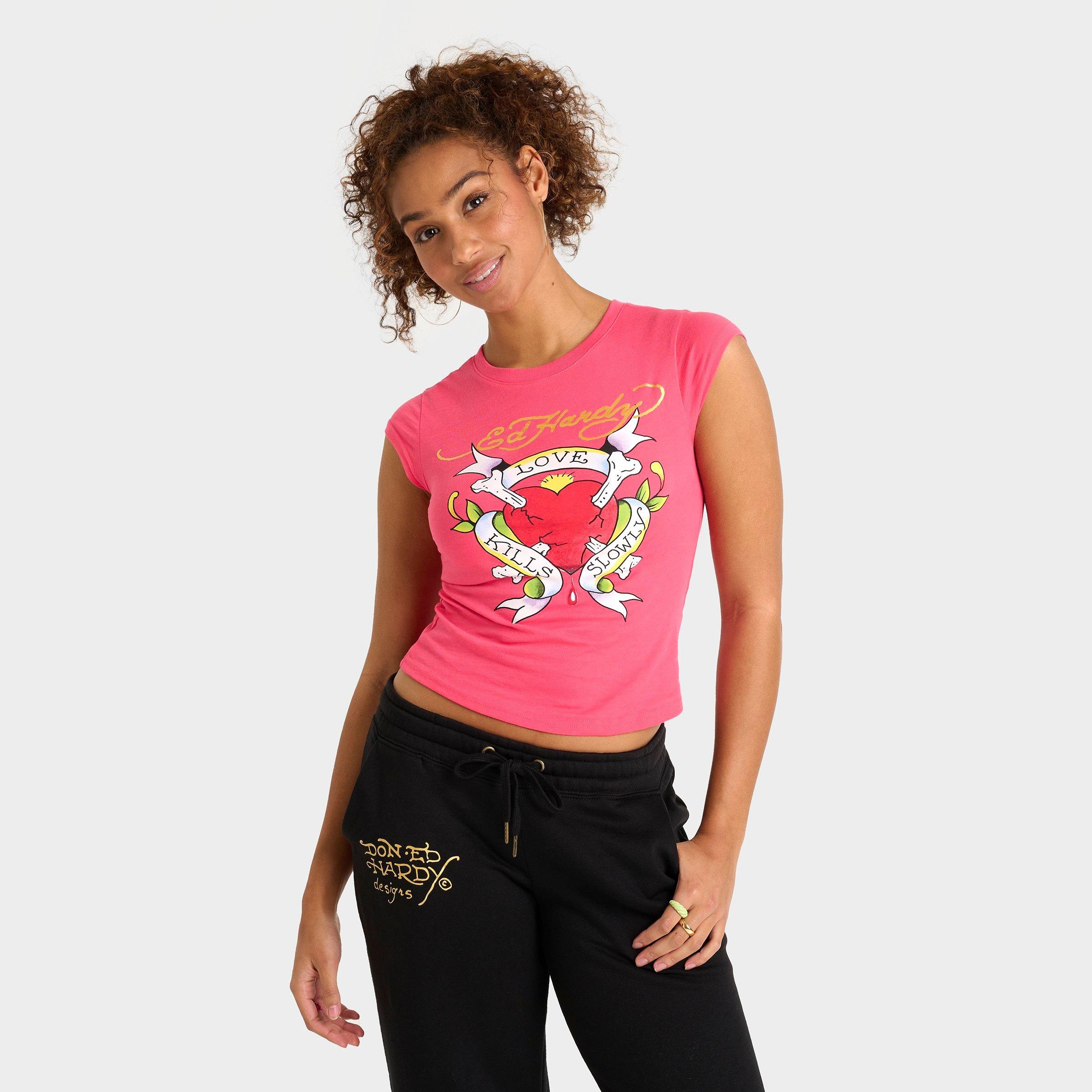 Ed Hardy Women's Love Kills Slowly Capped-Sleeve Baby T-Shirt in Pop Pink Size: XS