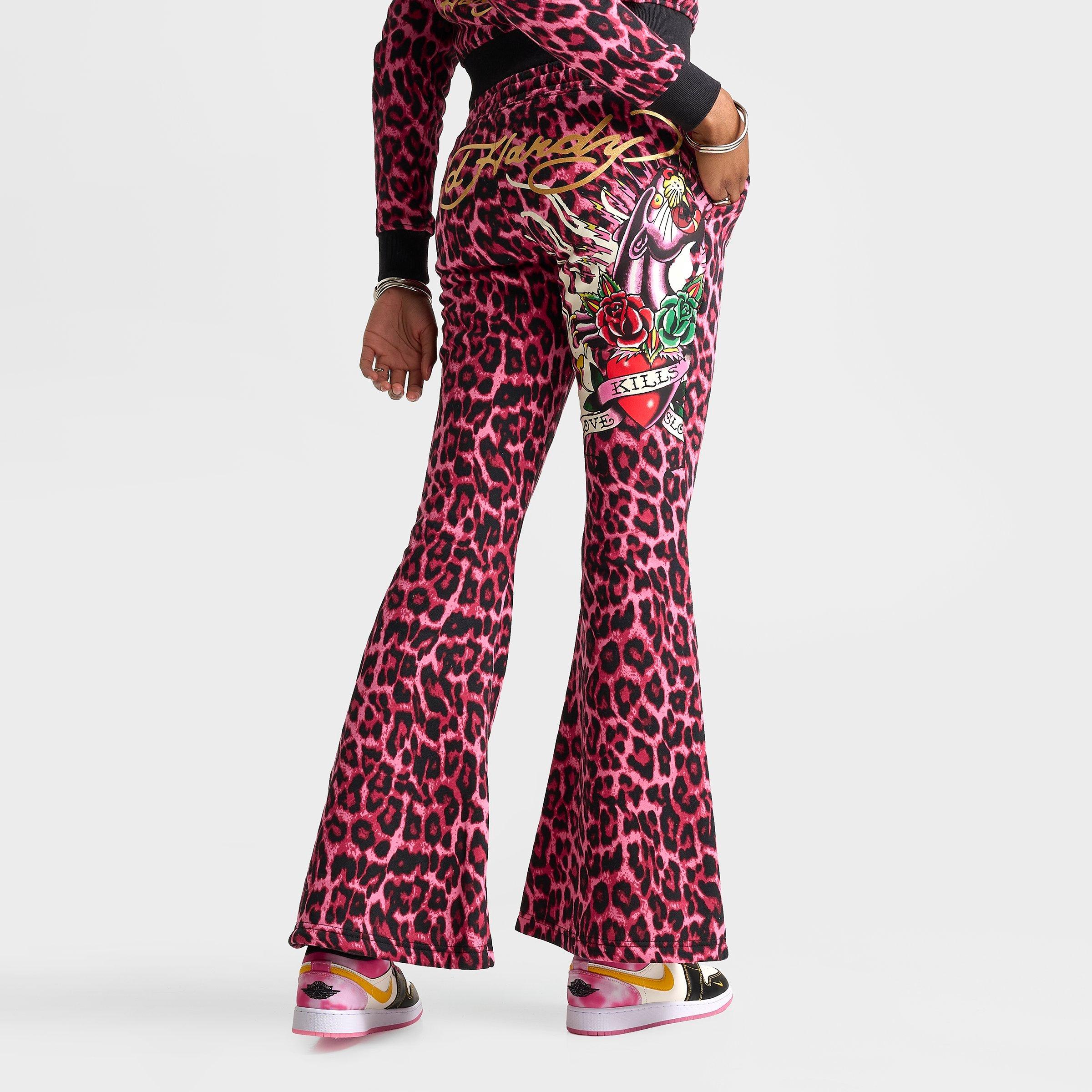 Ed Hardy Womens Pink Panther Leopard Bootcut Fleece Pants in Pink Leopard Size: Small