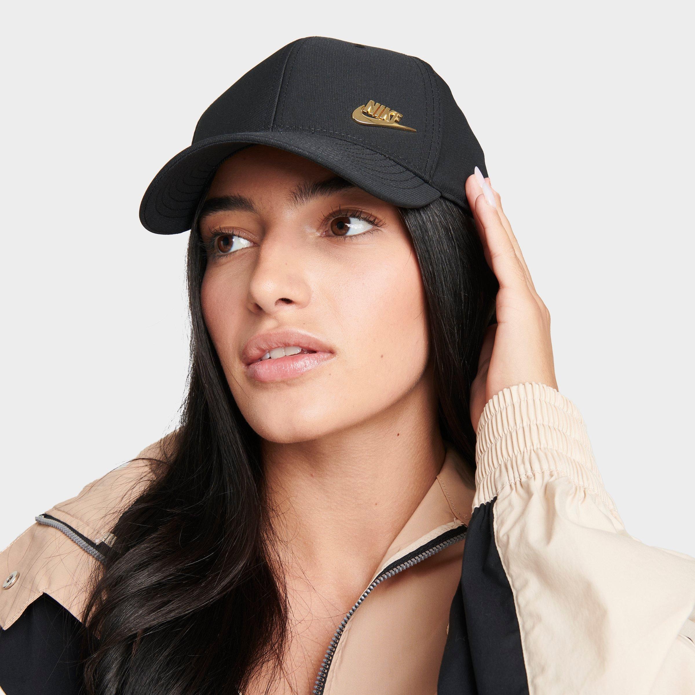Nike Dri-FIT Club Structured Metal Logo Strapback Hat in Black/Metallic Gold Size: Small/Medium