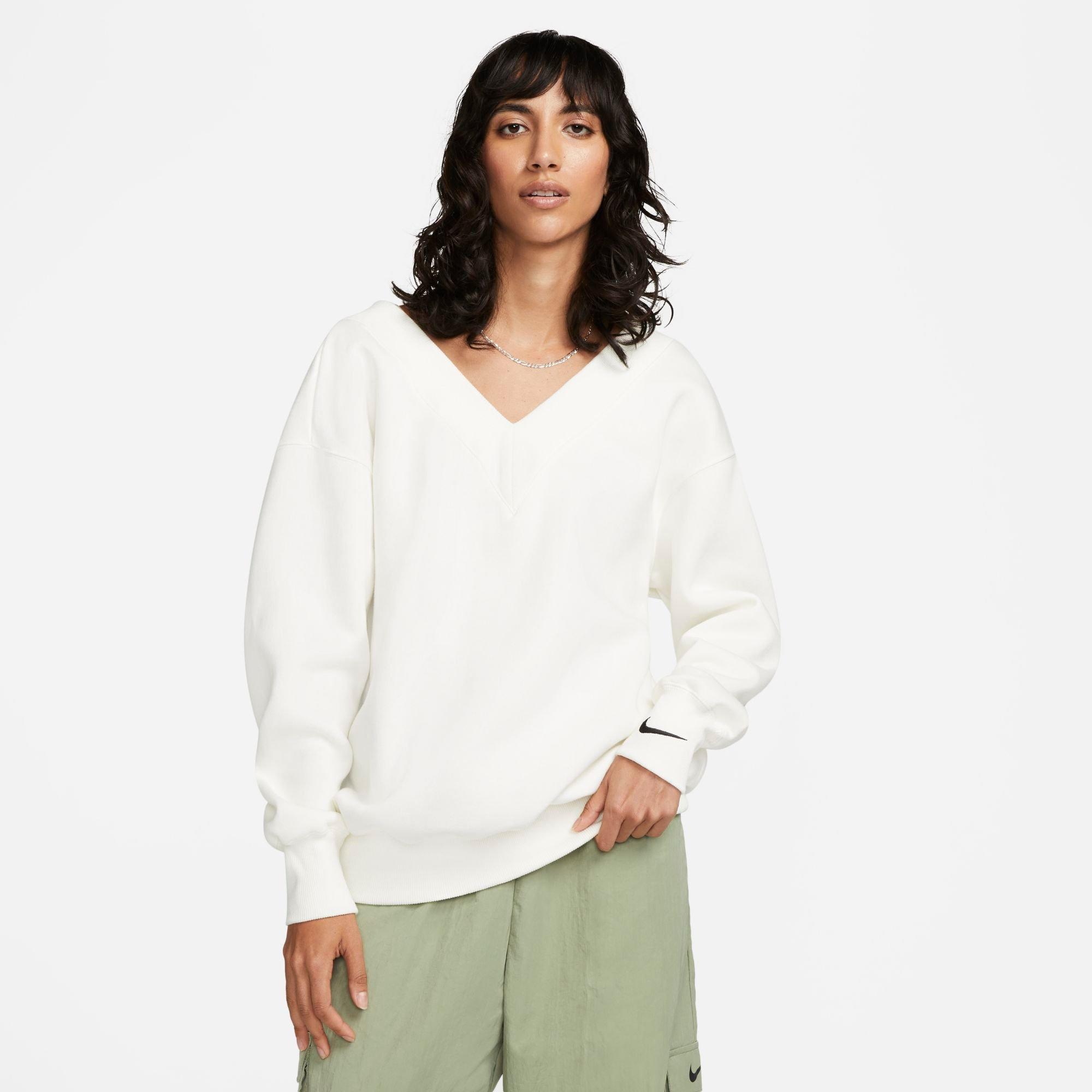 Nike Women's Sportswear Phoenix Fleece Oversized V-Neck Sweatshirt in Sail/Black Size: XS