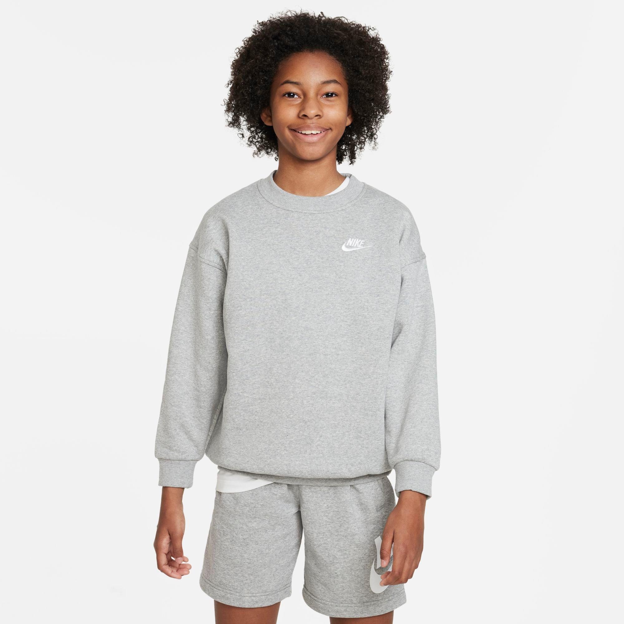 Nike Girls Sportswear Club Fleece Oversized Sweatshirt in Dark Grey Heather/White Size: XS