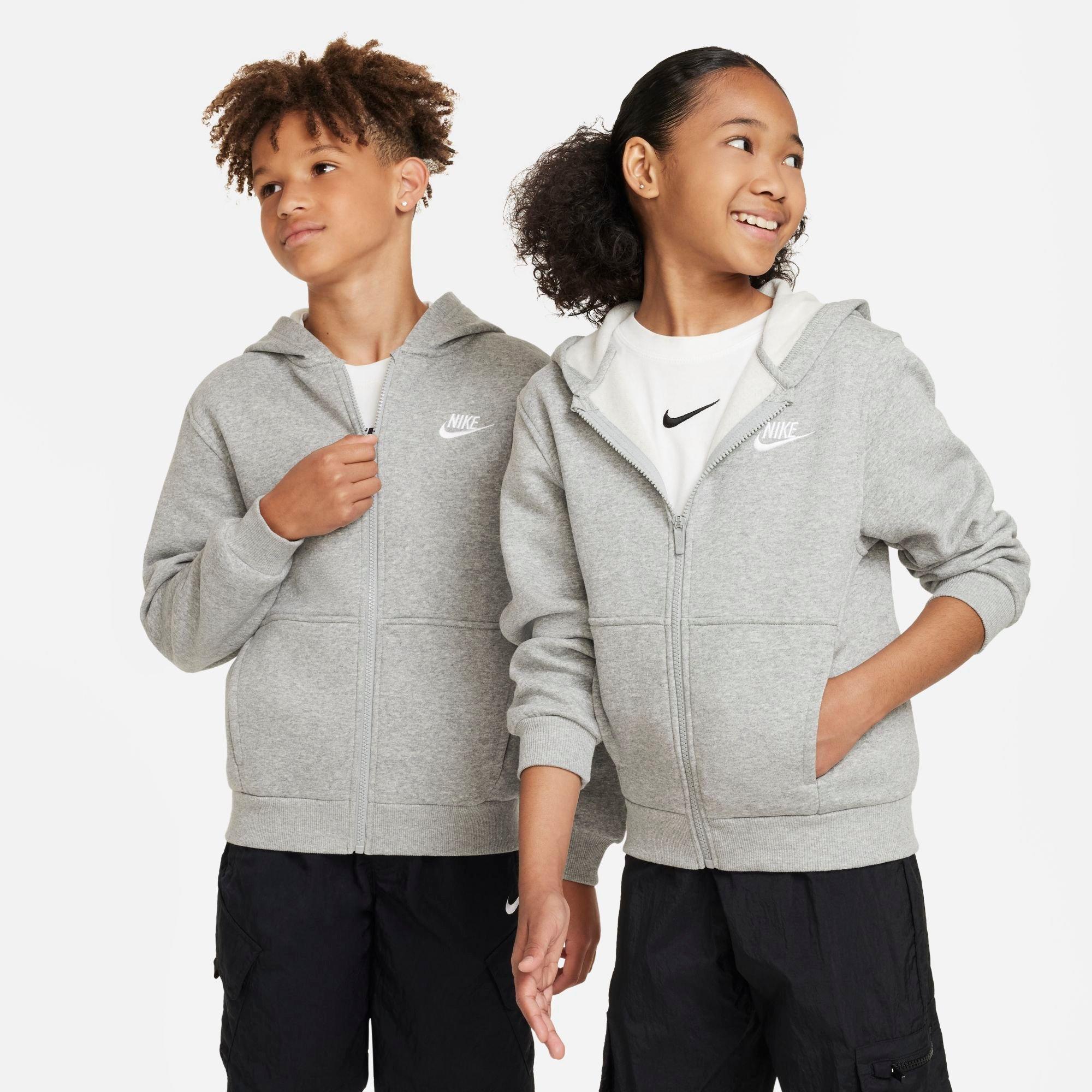 Nike Kids Sportswear Club Fleece Full-Zip Hoodie in Dark Grey Heather/Base Grey/White Size: XS