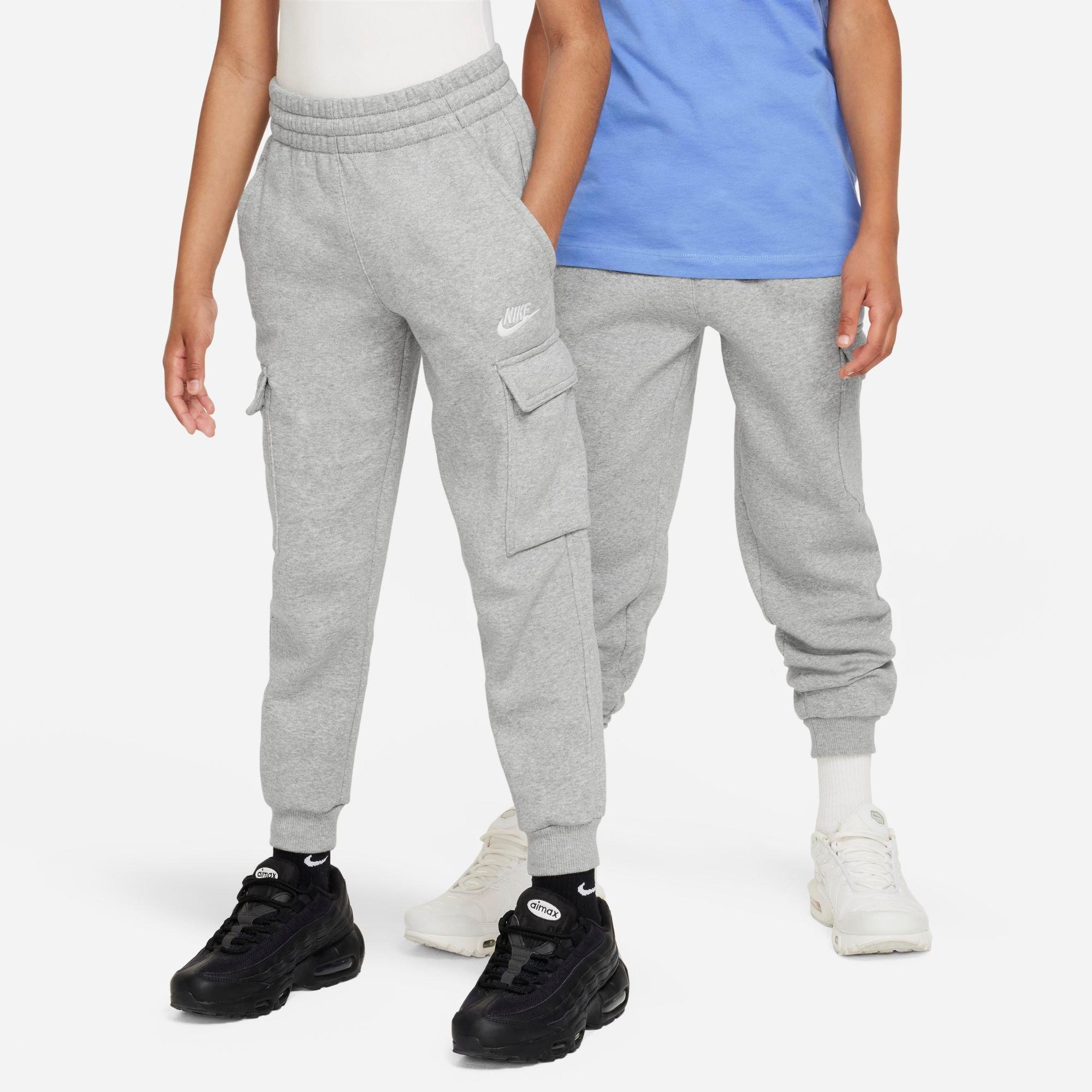 Nike Kids Sportswear Club Fleece Cargo Jogger Pants in Dark Grey Heather/Base Grey/White Size: XS