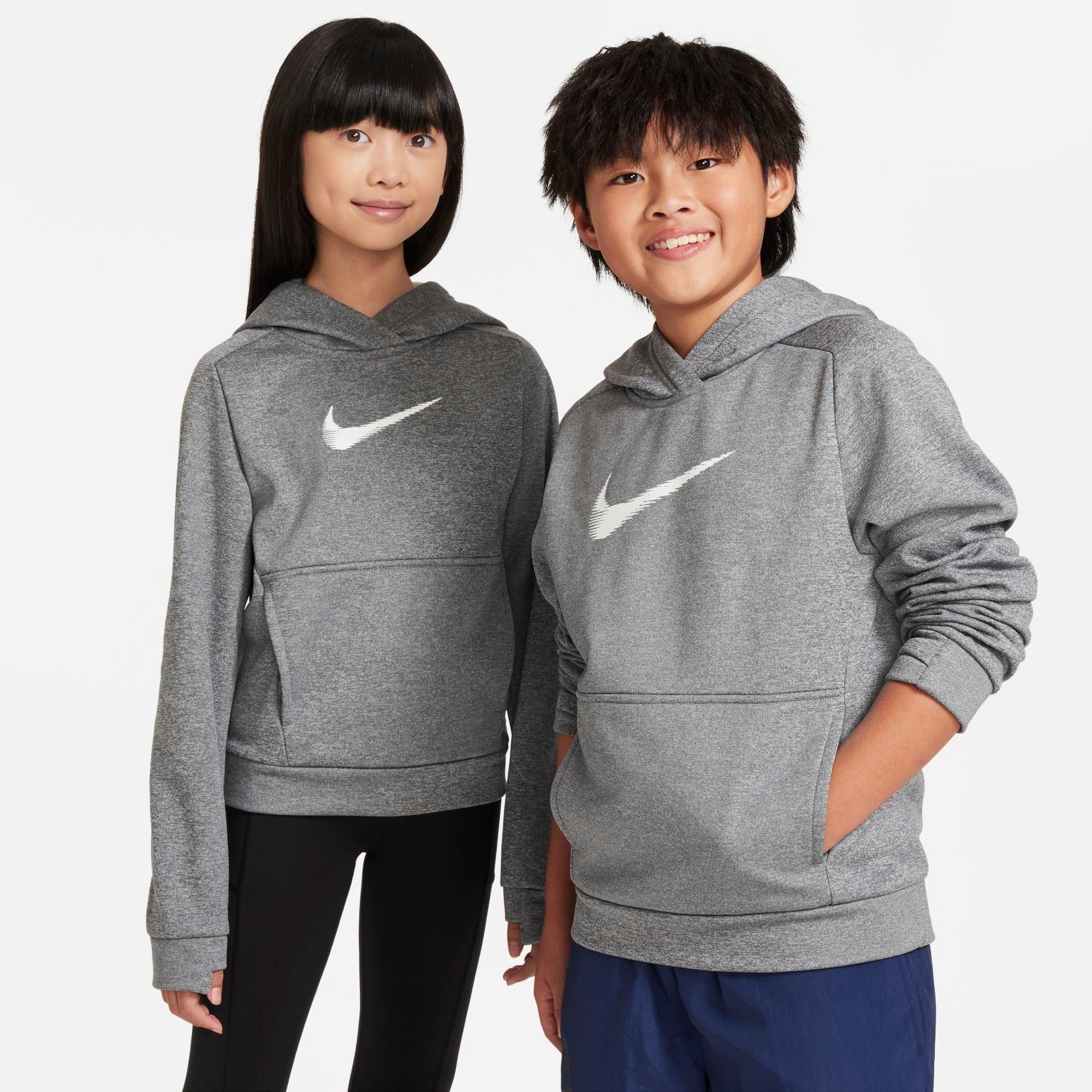 Nike Big Kids Multi+ Therma-FIT Pullover Hoodie in Dark Grey Heather/Heather/White Size: Medium