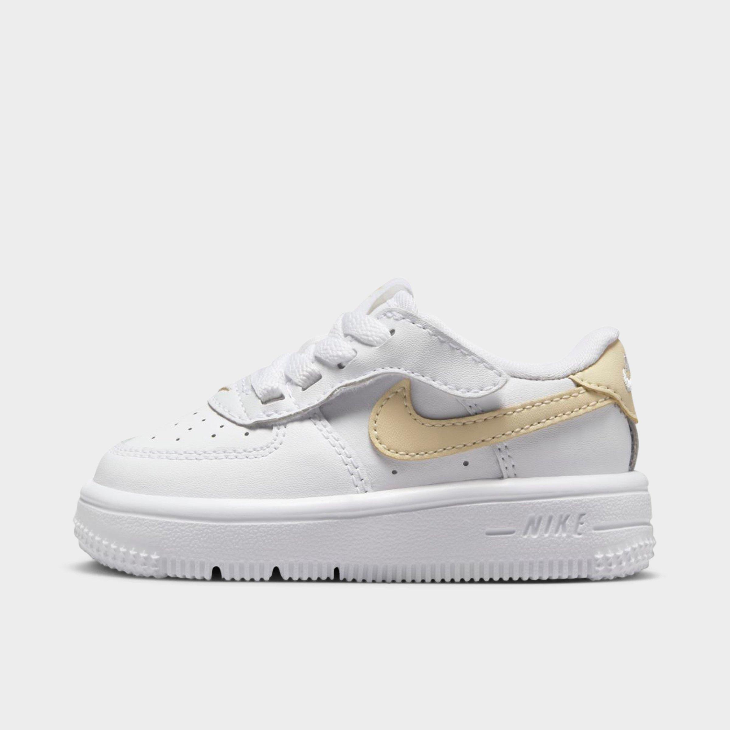 Nike Kids Toddler Force 1 Low EasyOn Stretch Lace Casual Shoes (4C-7C) in WHITE/LT KHAKI-WHITE Size: 2
