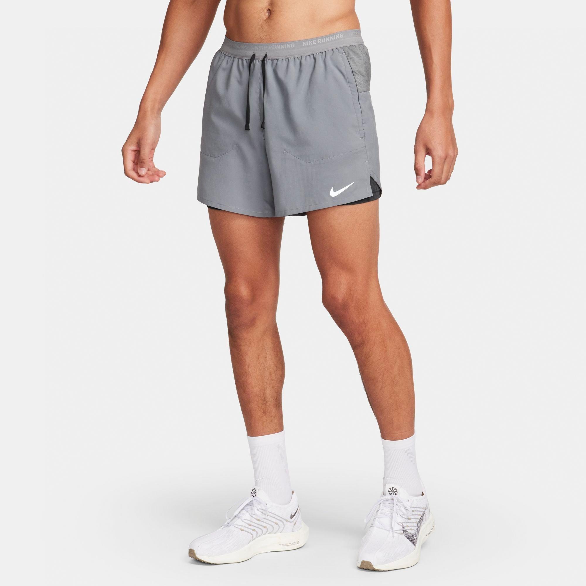 Nike Men's Dri-FIT Stride 2-in-1 5" Running Shorts in Smoke Grey/Dark Smoke Grey/Black Size: XS