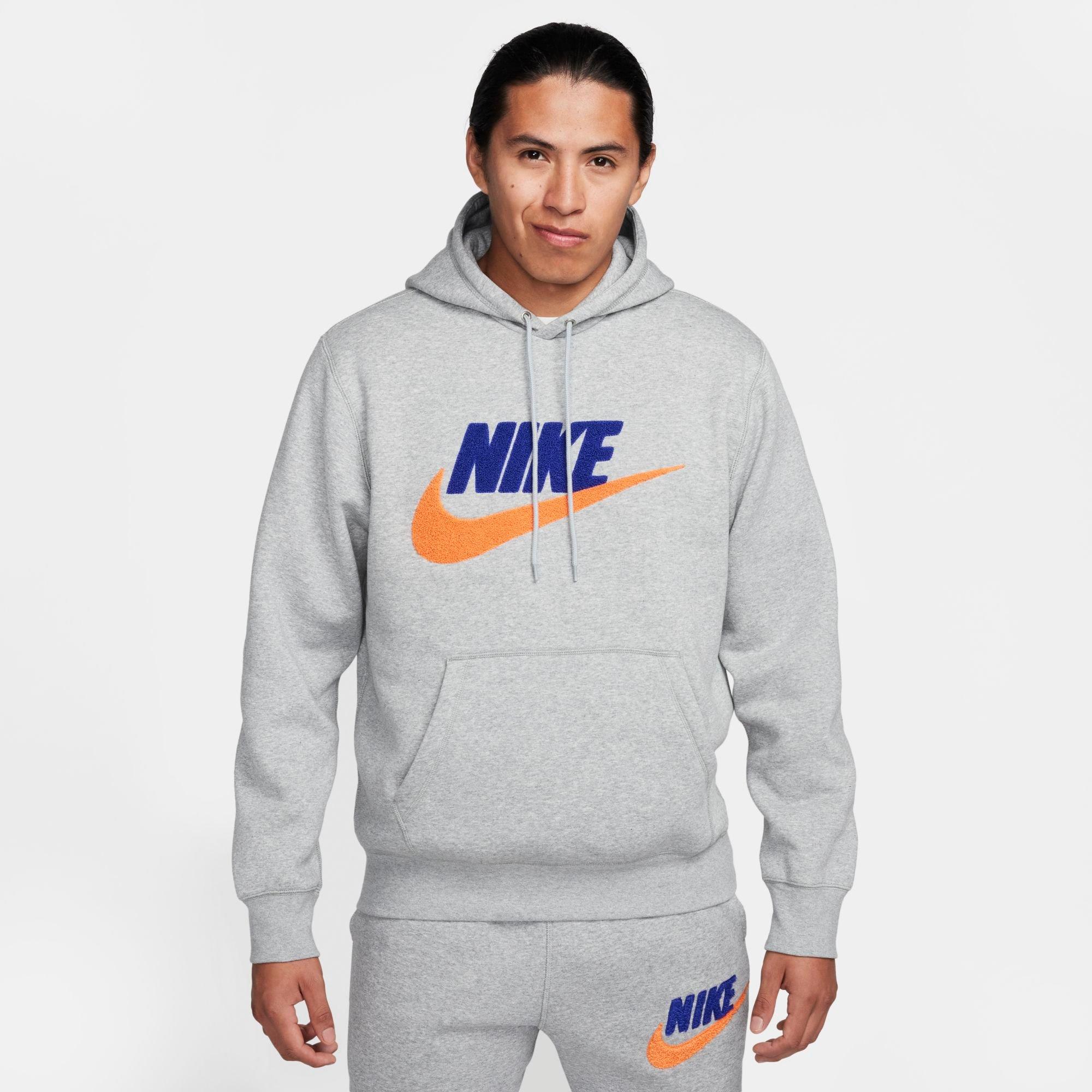 Nike Men's Club Fleece Chenille Futura Pullover Hoodie in Dark Grey Heather/Light Smoke Grey/Safety Orange Size: Small