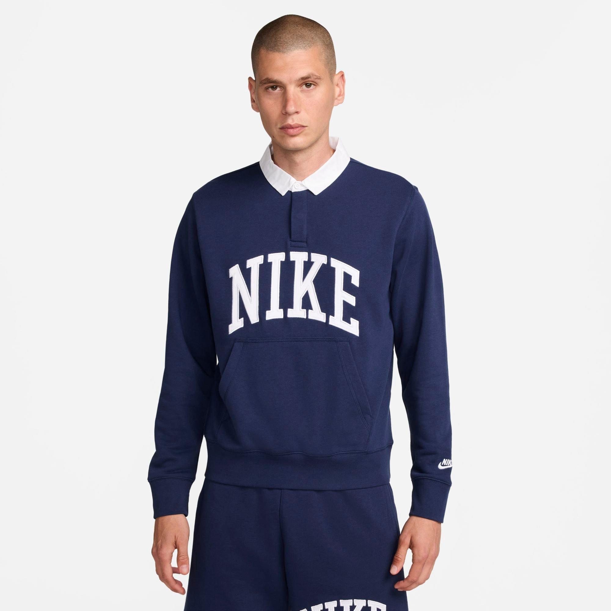 Nike Men's Club Fleece Long-Sleeve Fleece Polo Shirt in Midnight Navy/White Size: Large