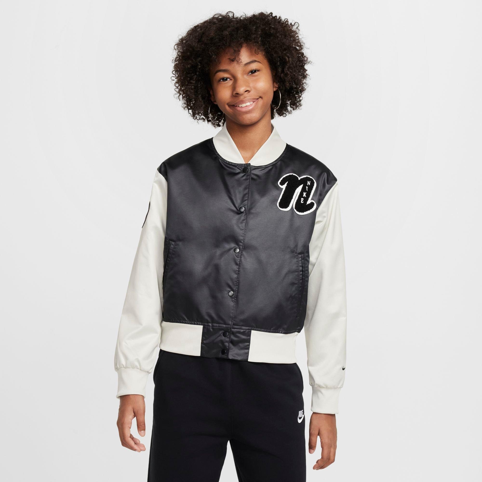 Nike Girls Sportswear Varsity Jacket in Black/Light Bone Size: Small