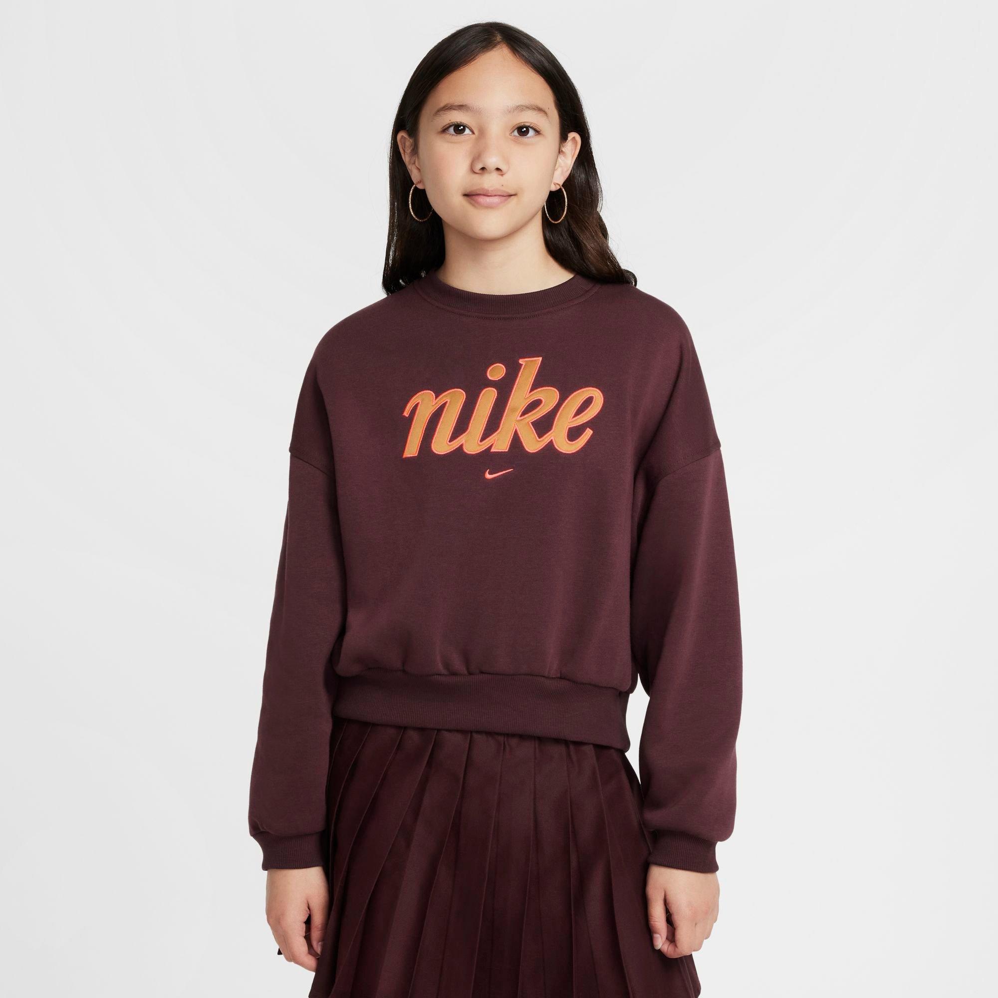 Nike Girls Sportswear Club Fleece Boxy Crewneck Sweatshirt in Burgundy Crush/Hot Punch Size: Small