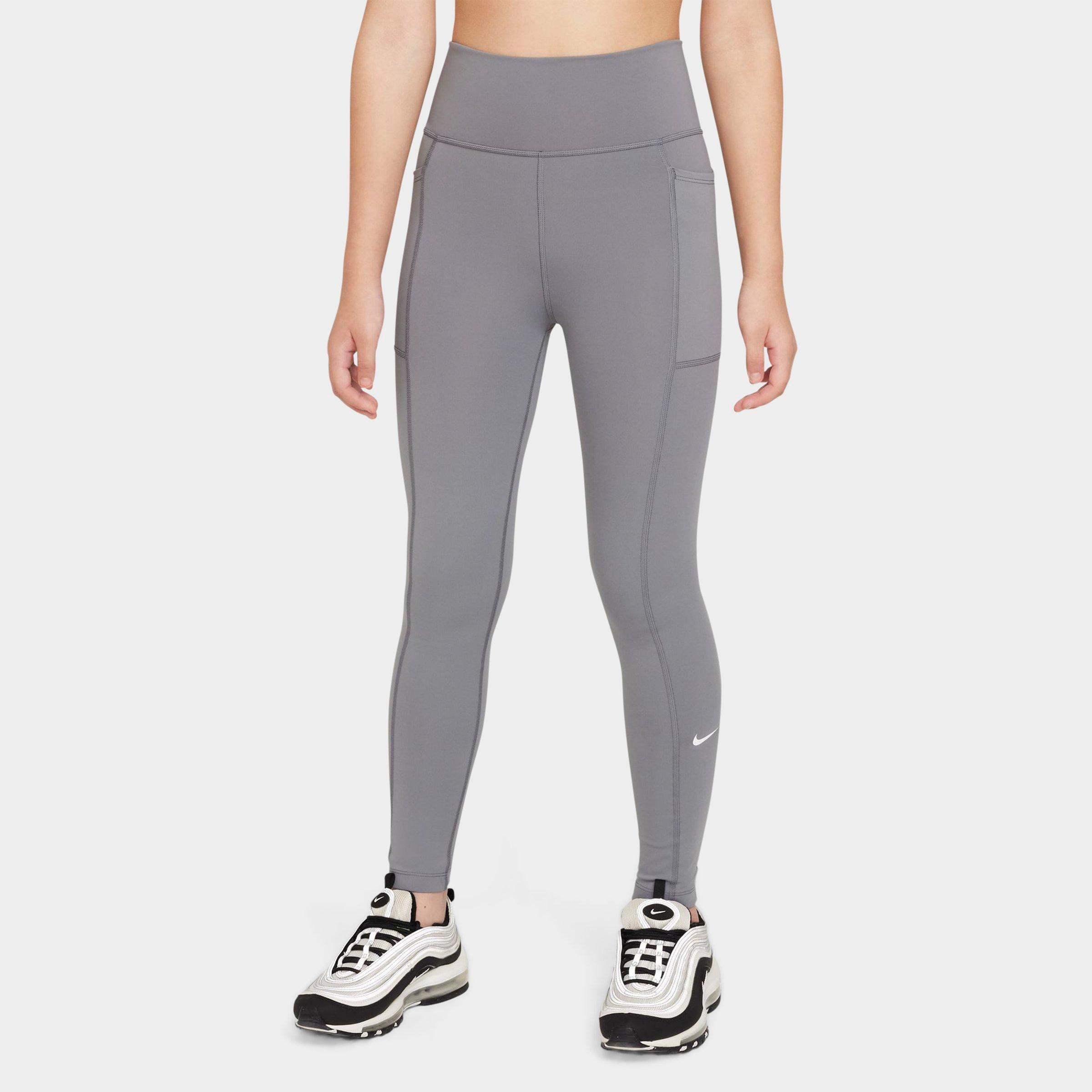 Nike Girls One High-Waisted Dri-FIT Pocket Leggings in Smoke Grey/White Size: Small