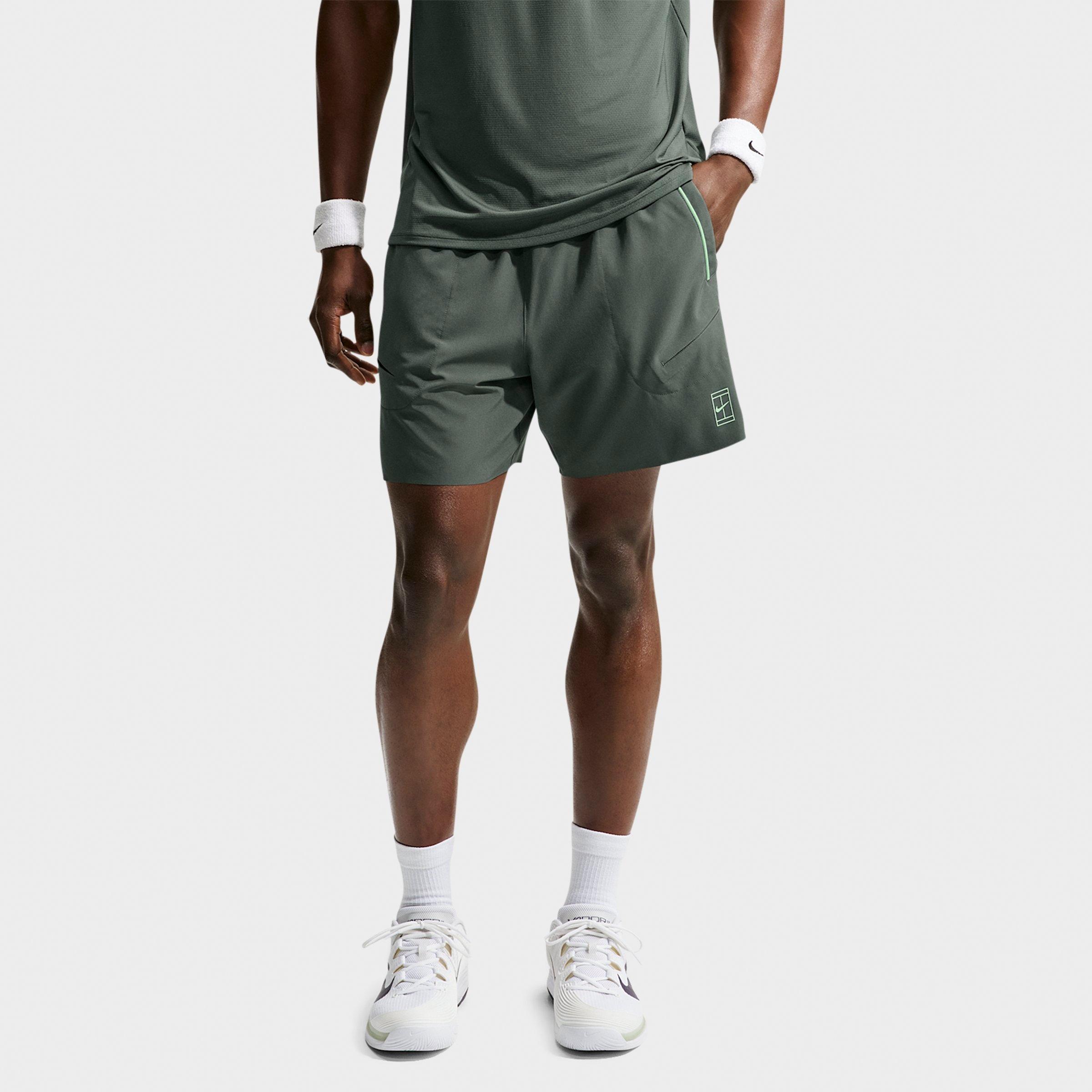 Nike Men's Court Advantage Dri-FIT 6" Tennis Shorts in Camo Green/Cucumber Calm/Cucumber Calm Size: Medium