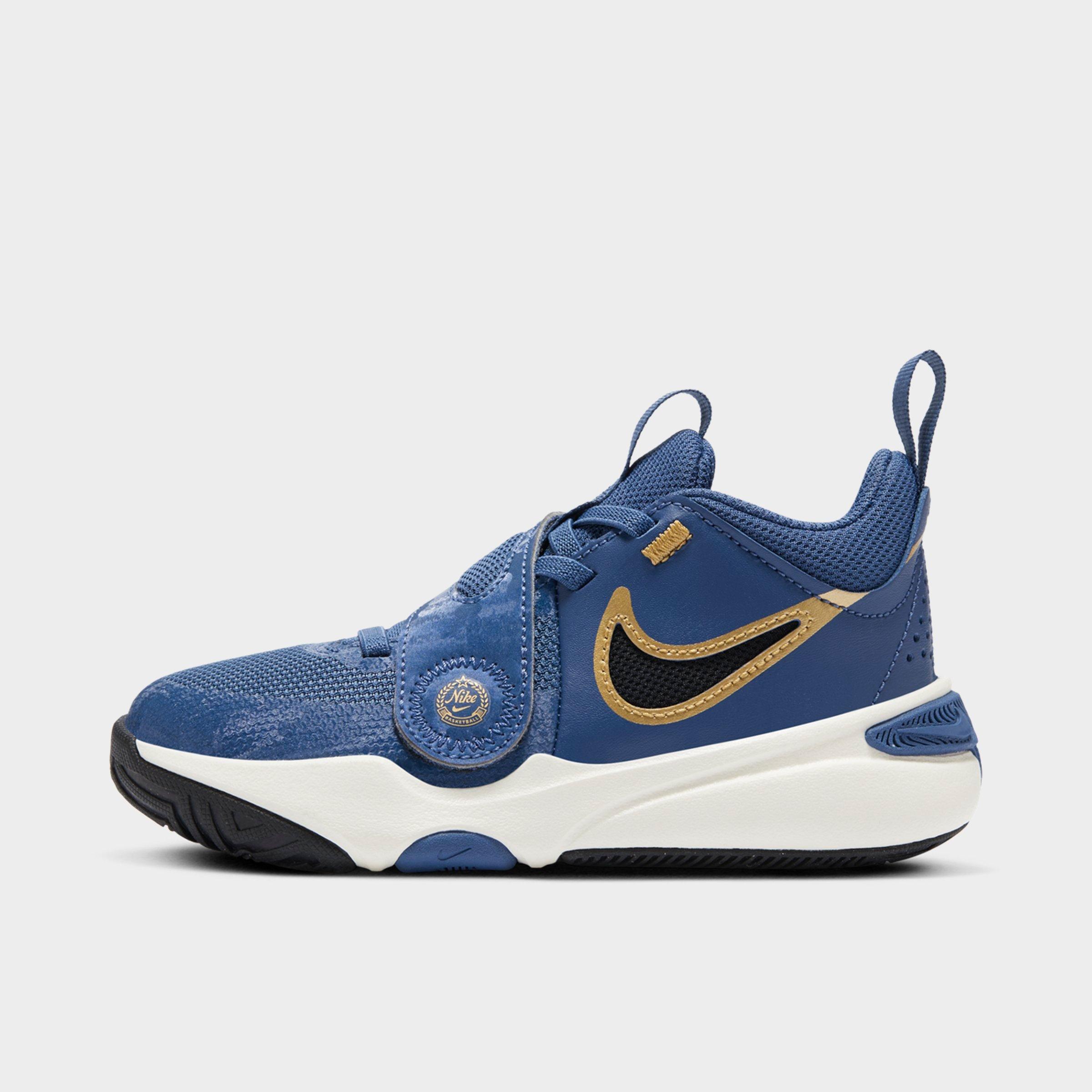 Nike Little Kids Team Hustle D 11 Stretch Lace Basketball Shoes in Mystic Navy/Pale Ivory/Metallic Gold Size: 3