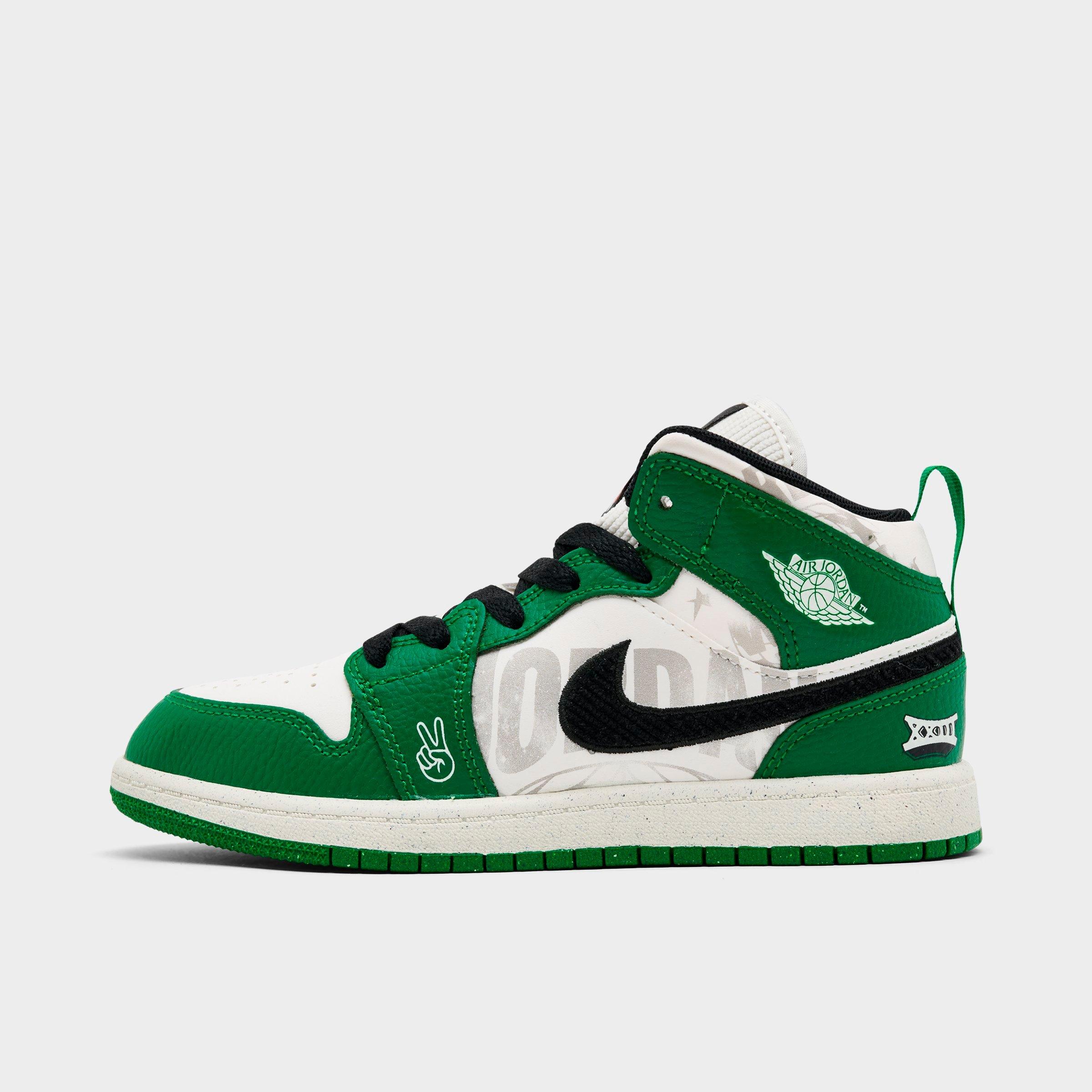 Jordan Little Kids Air Retro 1 Mid SE Casual Shoes in Pine Green/Black/Team Orange Size: 11