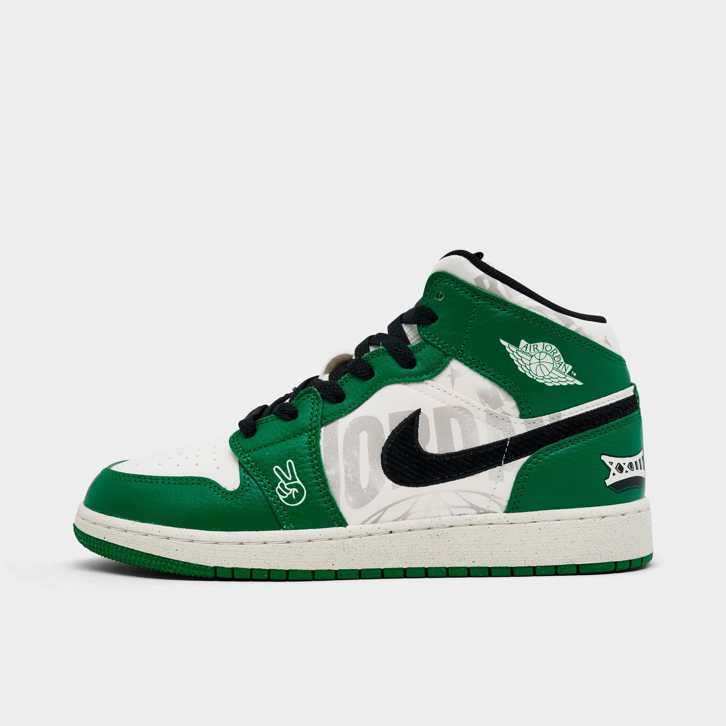 Jordan Big Kids Air Retro 1 Mid SE Casual Shoes in Pine Green/Black/Team Orange Size: 4