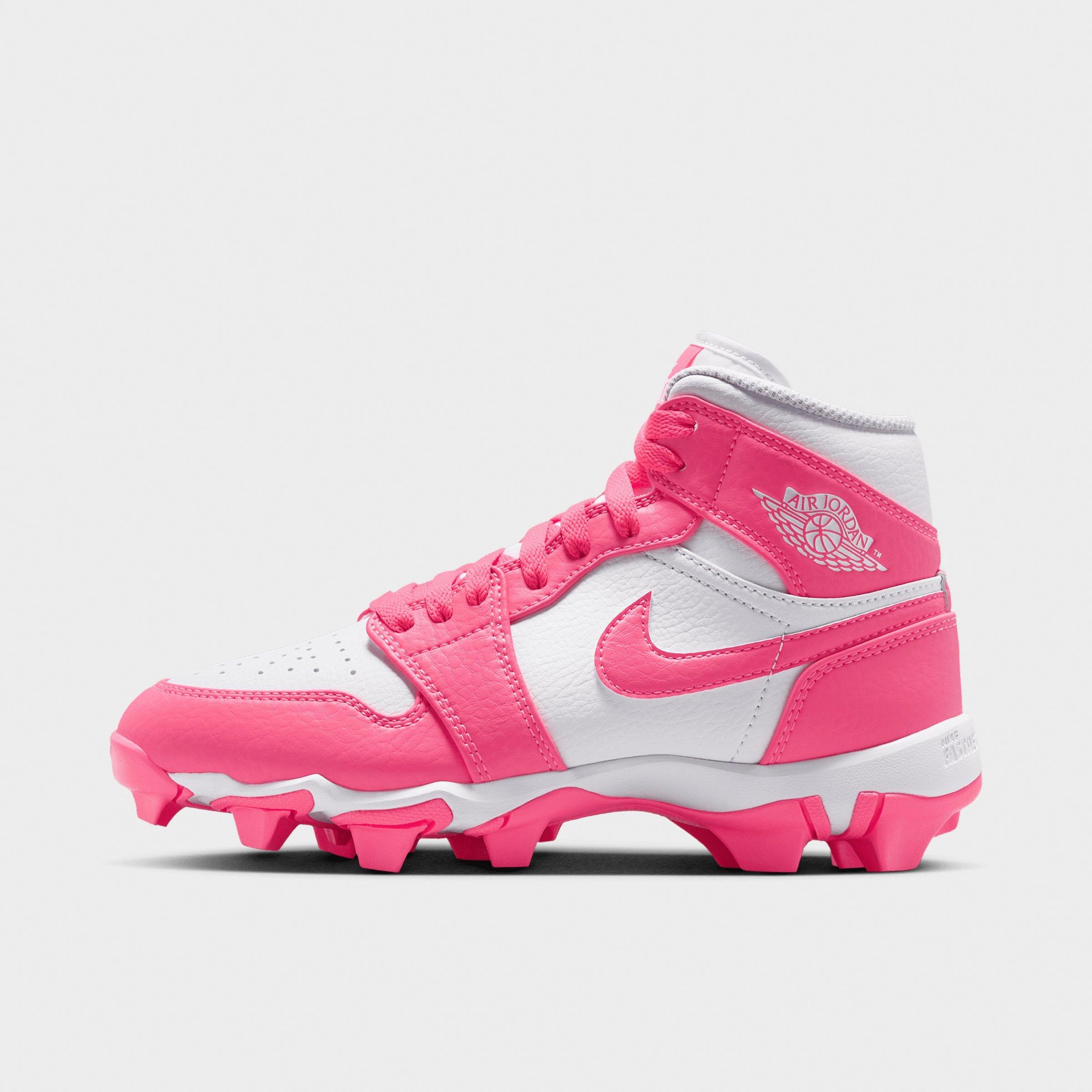 Jordan Big Kids Air Retro 1 Mid Cleats in White/Digital Pink Size: 5.5