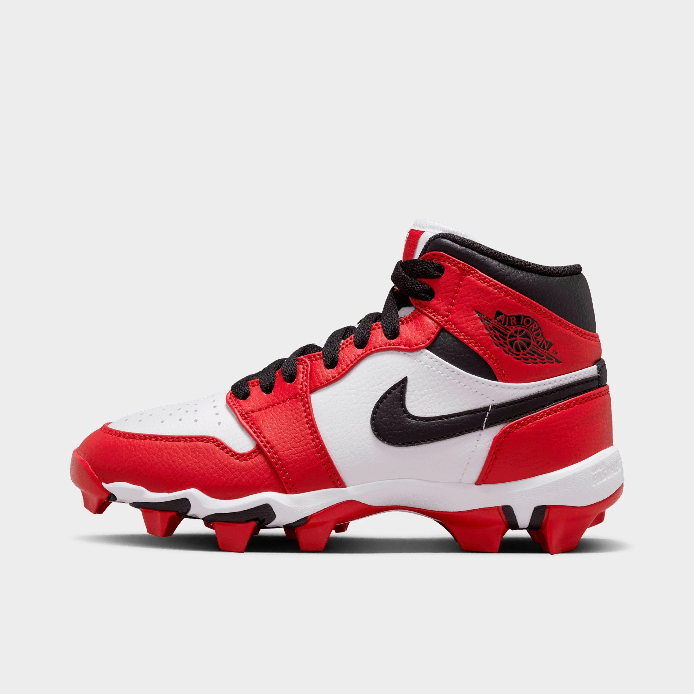 Jordan Big Kids Air Retro 1 Mid Cleats in White/Black/Gym Red Size: 3.0