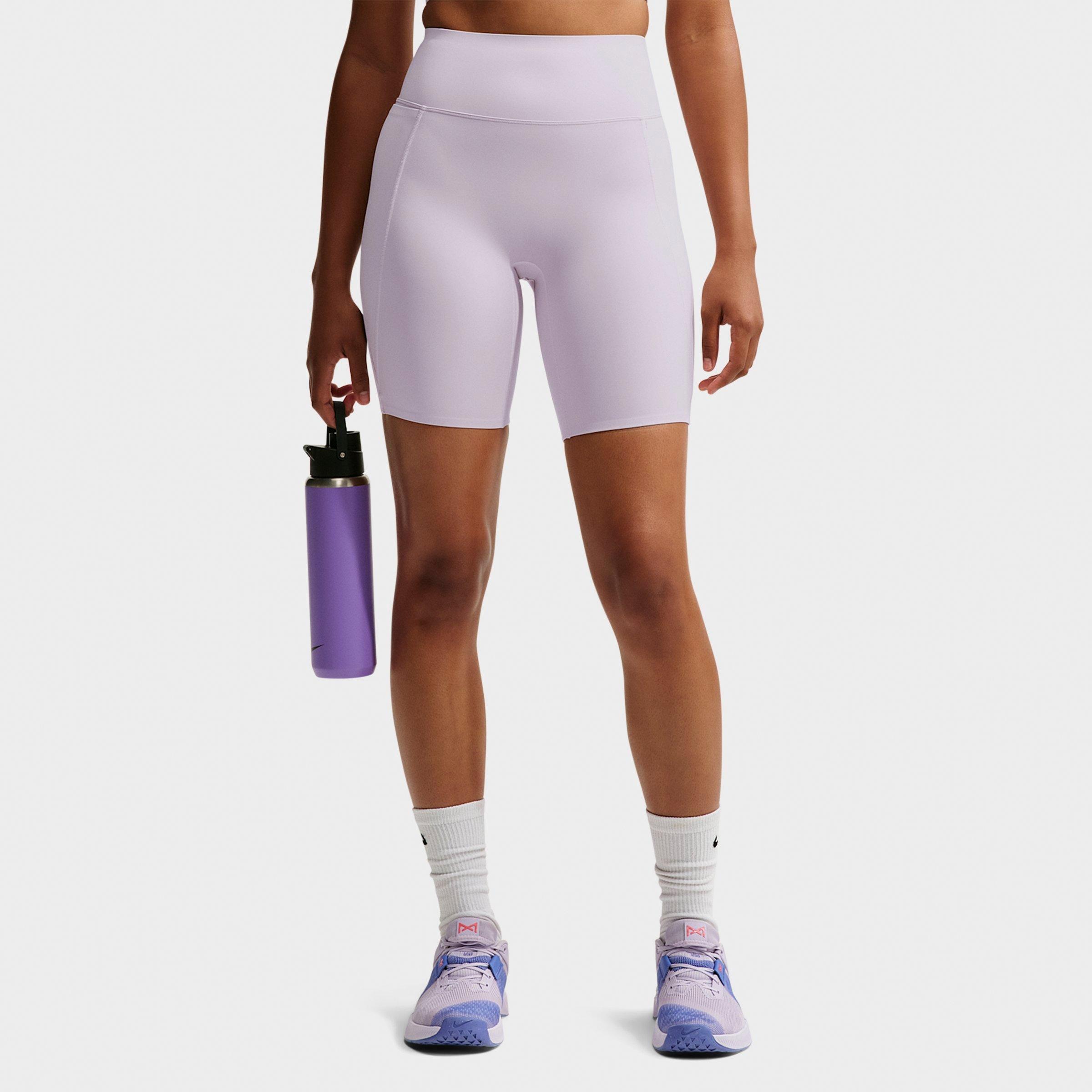 Nike Women's Universa High-Waisted 8" Biker Shorts (With No Front Seam) in Bleached Lilac/Amethyst Wave/Pink Rise Size: Large