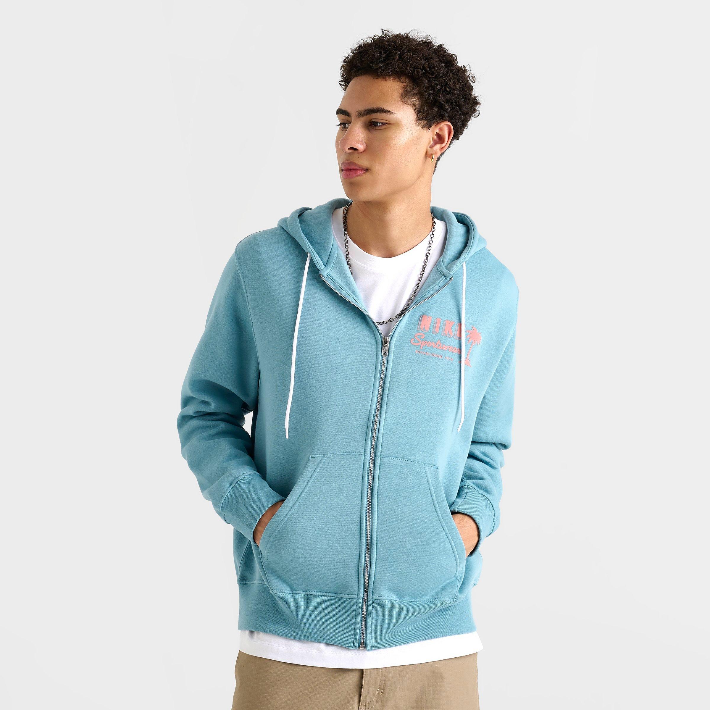 Nike Men's Sportswear Club Tropical Full-Zip Fleece Hoodie in Denim Turquoise/Red Stardust/Red Stardust Size: Small