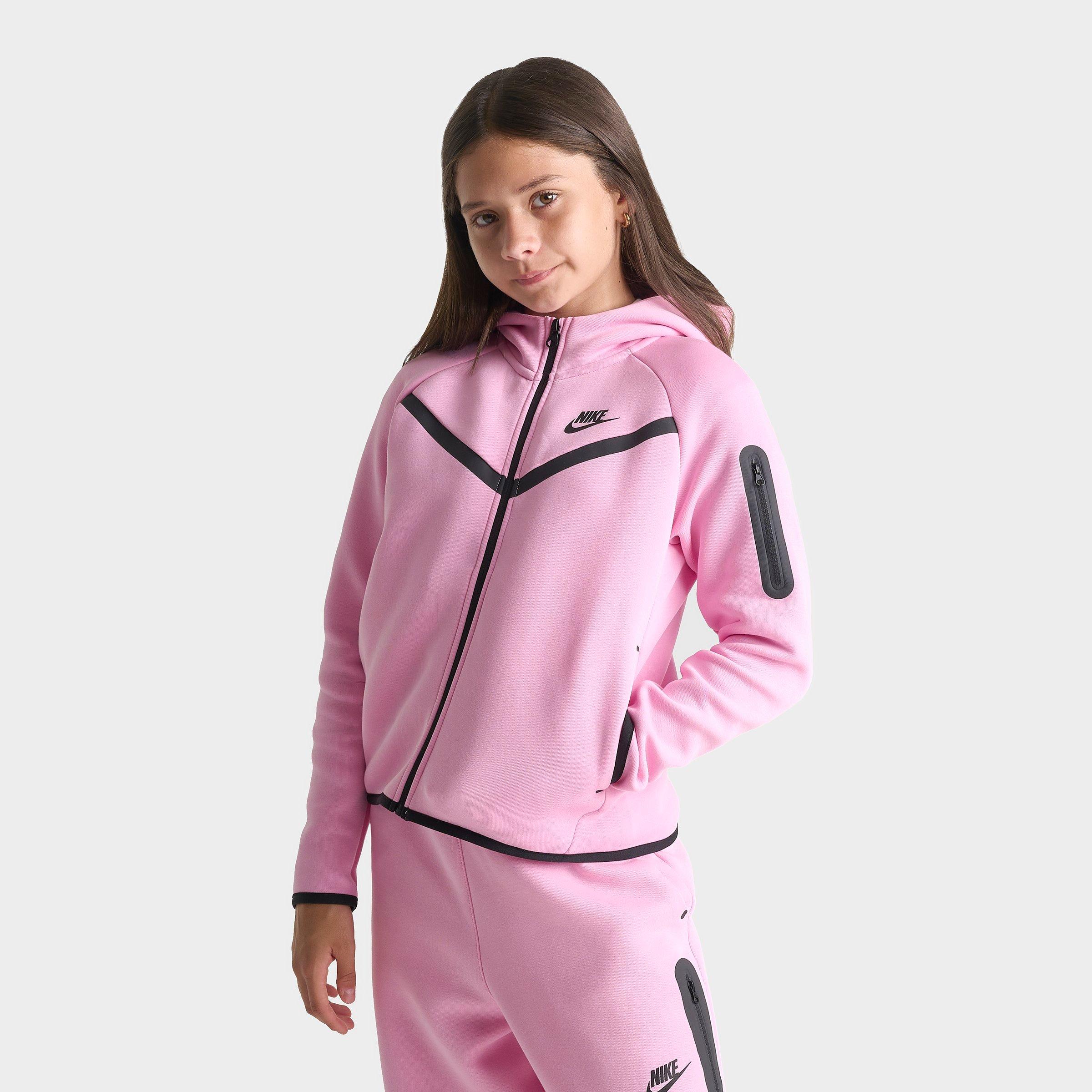 Nike Girls Big Kids Sportswear Tech Fleece Full-Zip Hoodie in Pink Rise/Black Size: XS