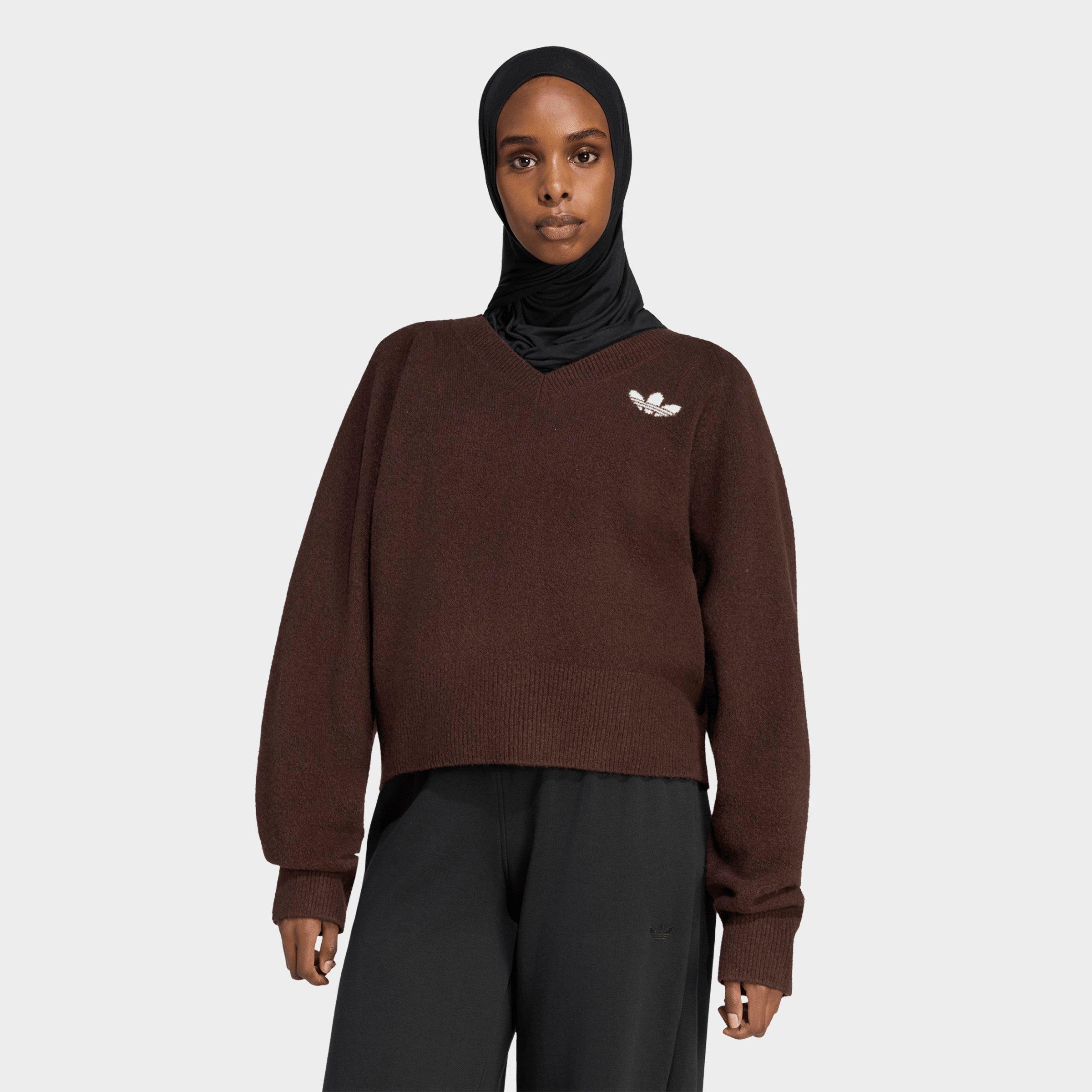 adidas Women's Originals Essentials Knit V-Neck Sweatshirt in Aurora Coffee Size: Small