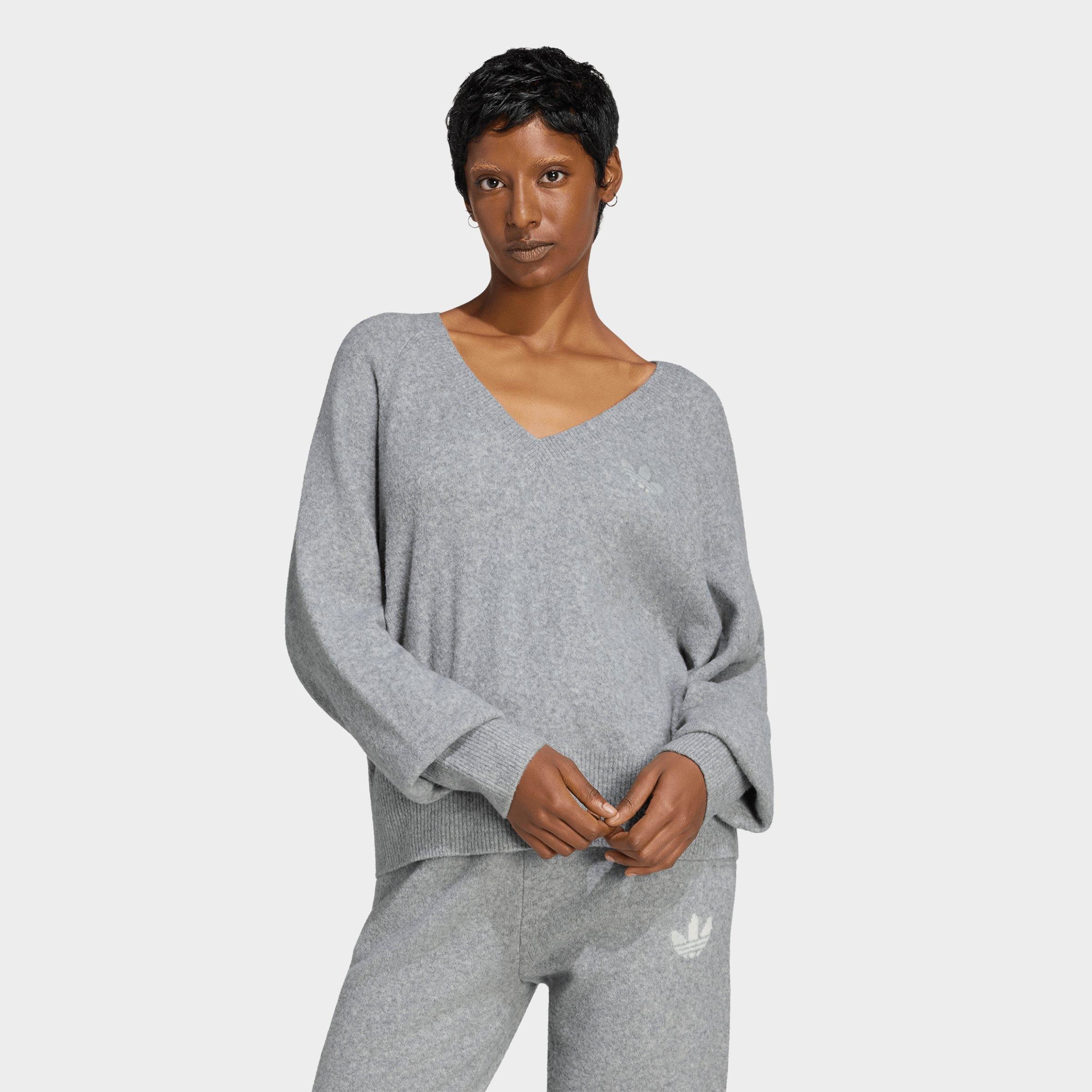 adidas Women's Originals Essentials Knit V-Neck Sweatshirt in Medium Grey Heather Size: Large