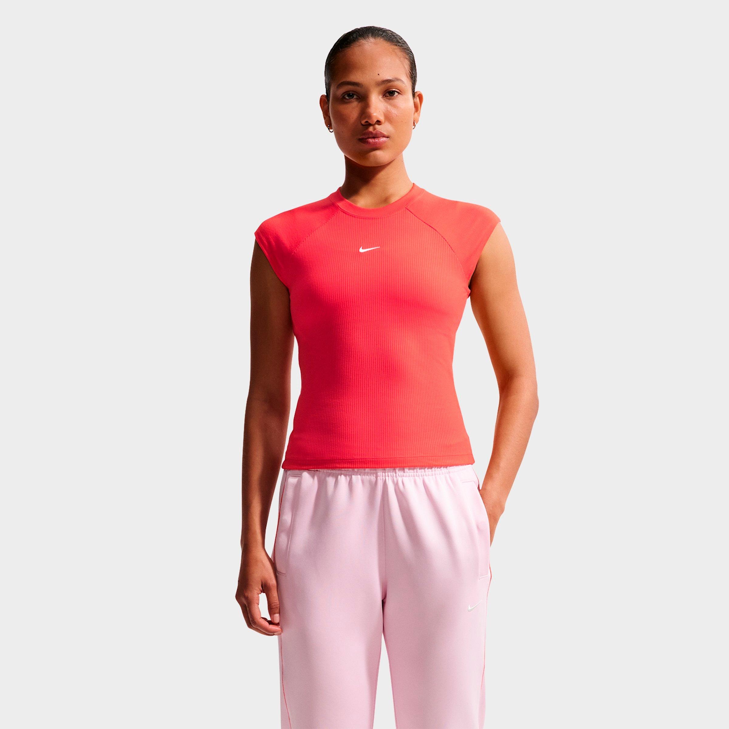 Nike Women's Sportswear Chill Knit Tight Short-Sleeve Ribbed Top in Light Crimson/Sail Size: XL