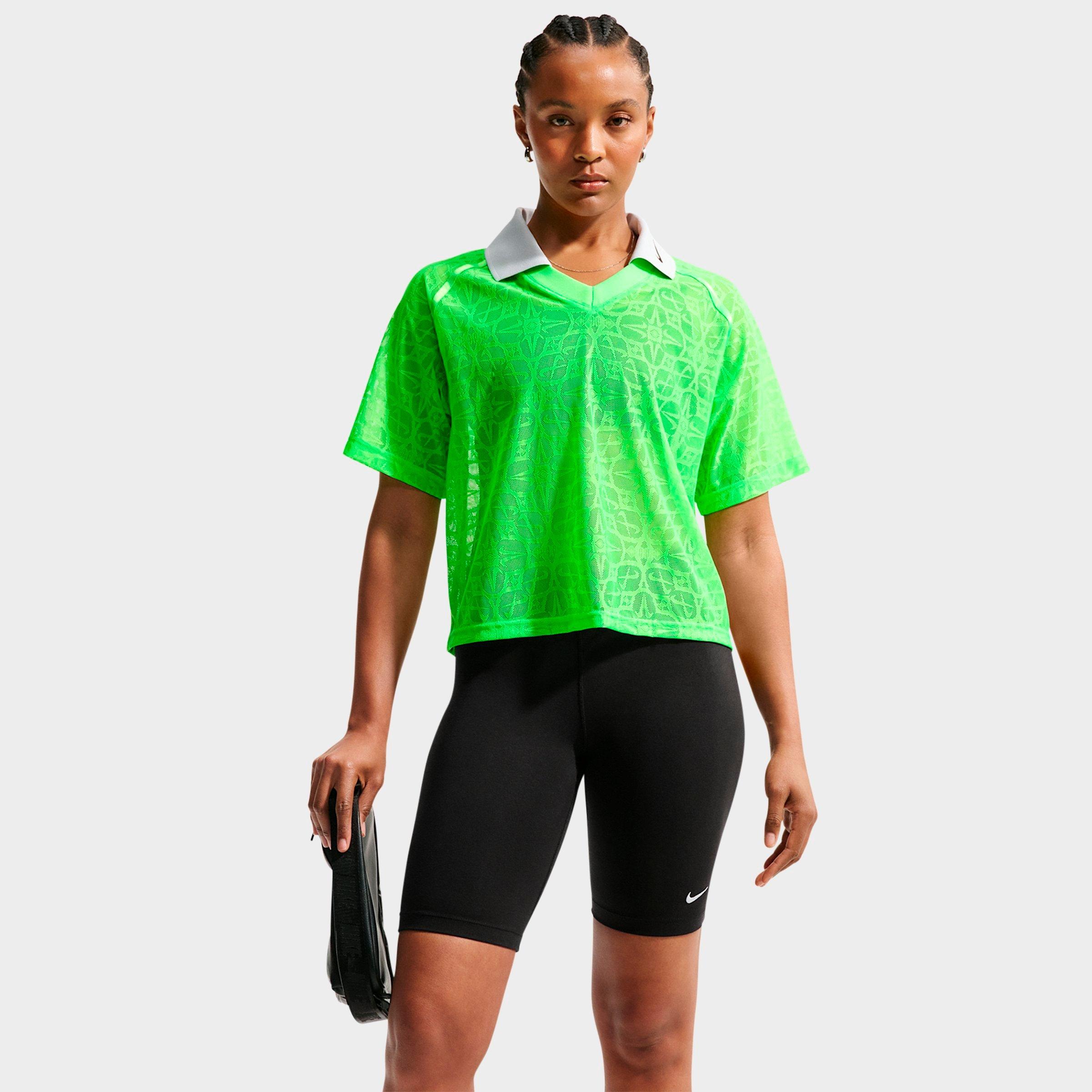 Nike Women's Sportswear Loose Lace Polo Jersey Top in Green Strike/Pure Platinum/Black Size: Medium