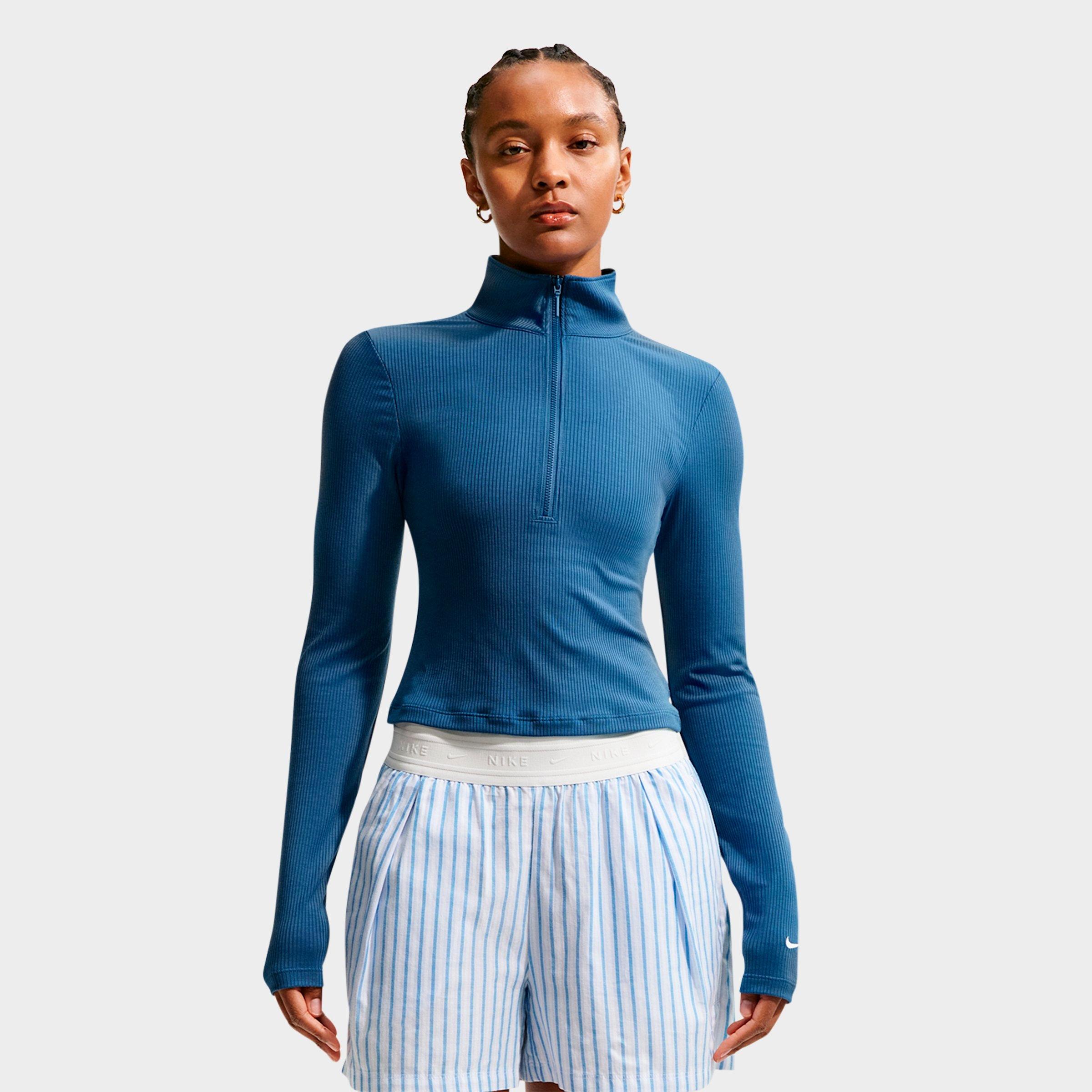 Nike Women's Sportswear Chill Knit Quarter-Zip Long-Sleeve Ribbed Top in Mystic Navy/Sail Size: Small
