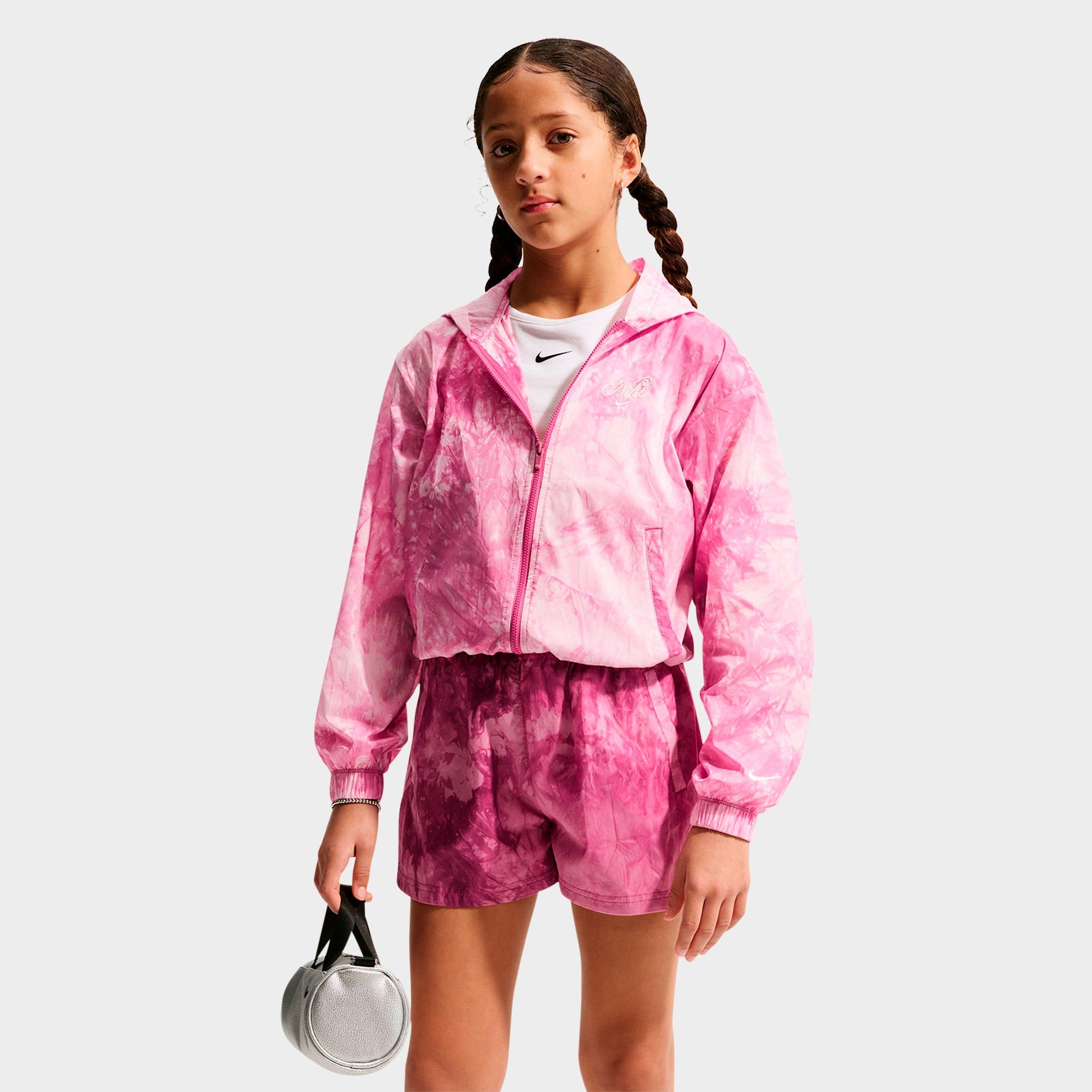 Nike Girls Big Kids Sportswear Club Woven Full-Zip Track Jacket in Sweet Beet/Soft Pearl Size: Medium