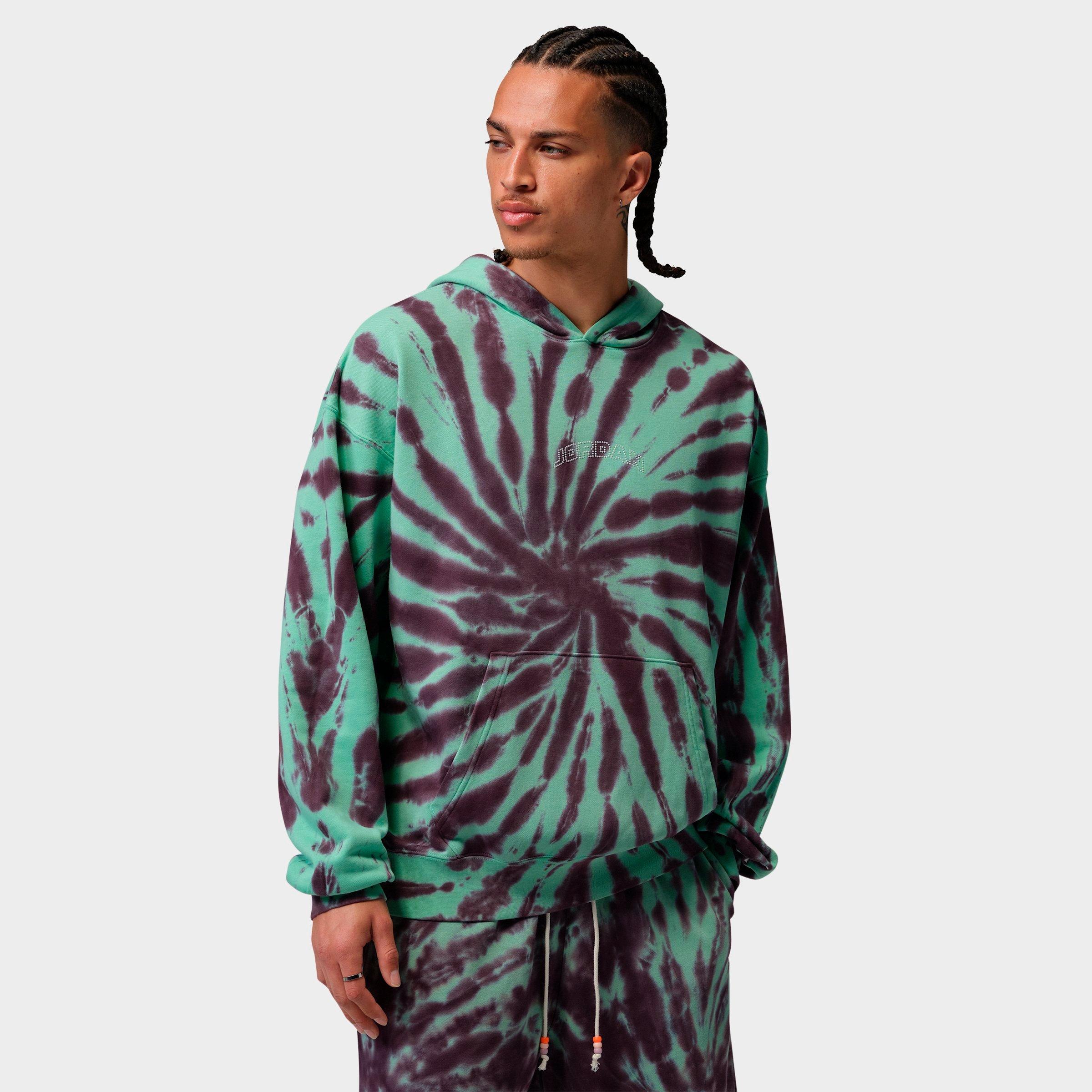 Nike Mens Jordan Brooklyn Fleece Tie-Dye Festival Pullover Hoodie in Green Glow/Burgundy Ash/Pale Ivory Size: XL