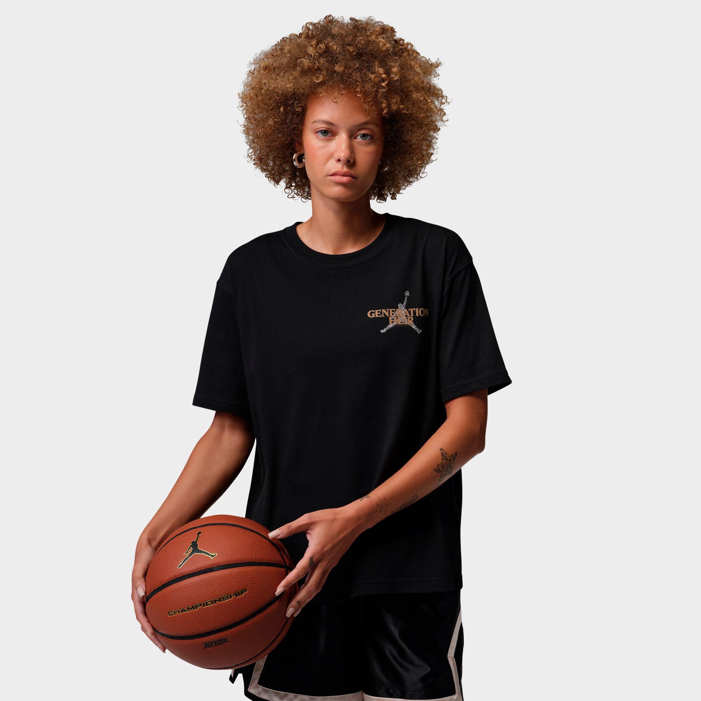 Jordan Women's Sport Dri-FIT Graphic T-Shirt in Black/Metallic Gold/White Size: Medium