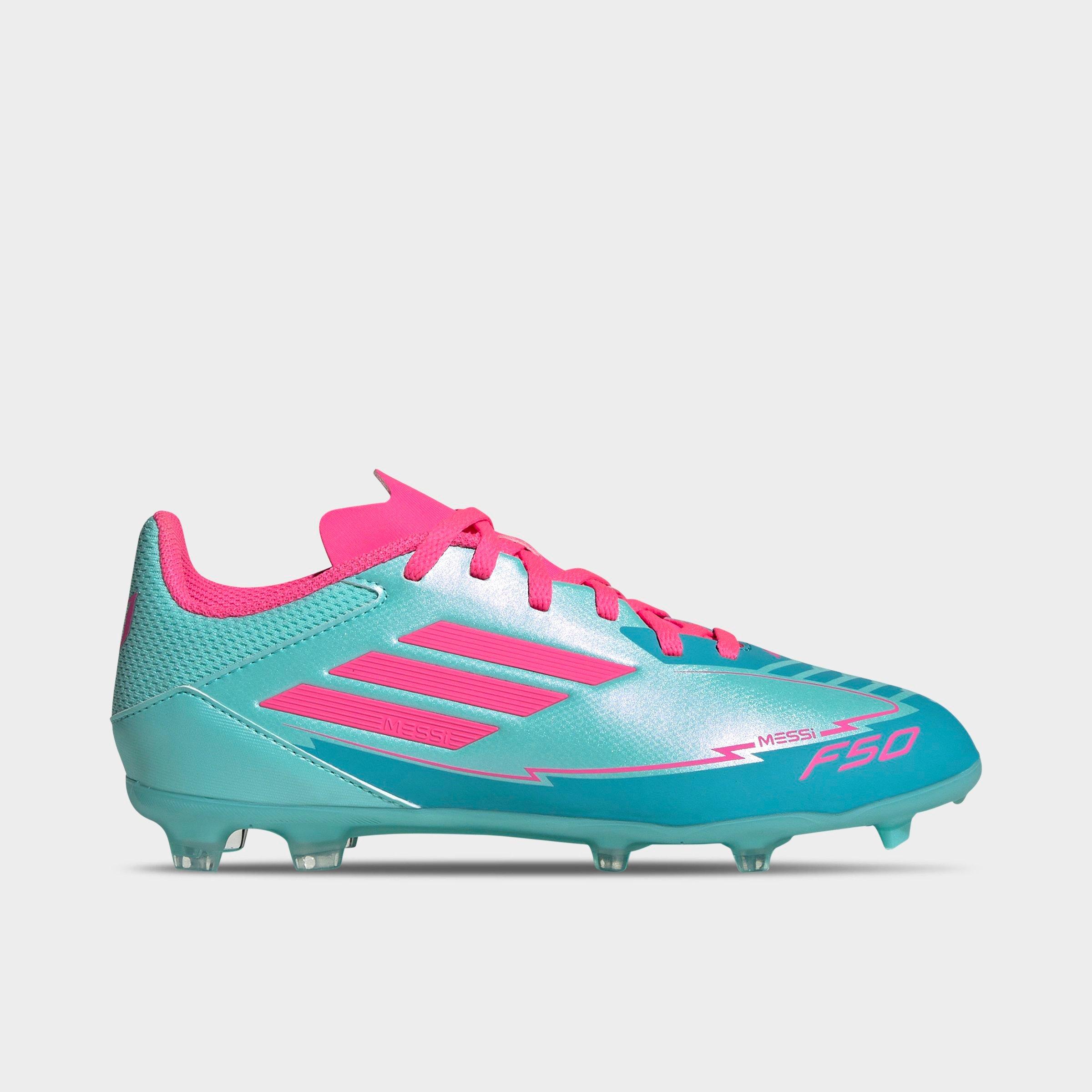 adidas Big Kids x Messi F50 League Firm Ground-Multi Ground Soccer Cleats in Flash Aqua/Lucid Pin Size: 6