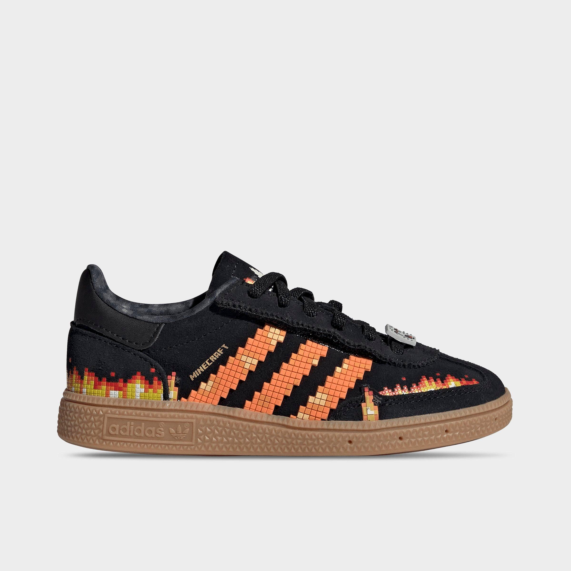adidas Little Kids Originals x Minecraft Handball Spezial Comfort Closure Casual Shoes in Core Black/Pure Orange/Cloud White Size: 3.0