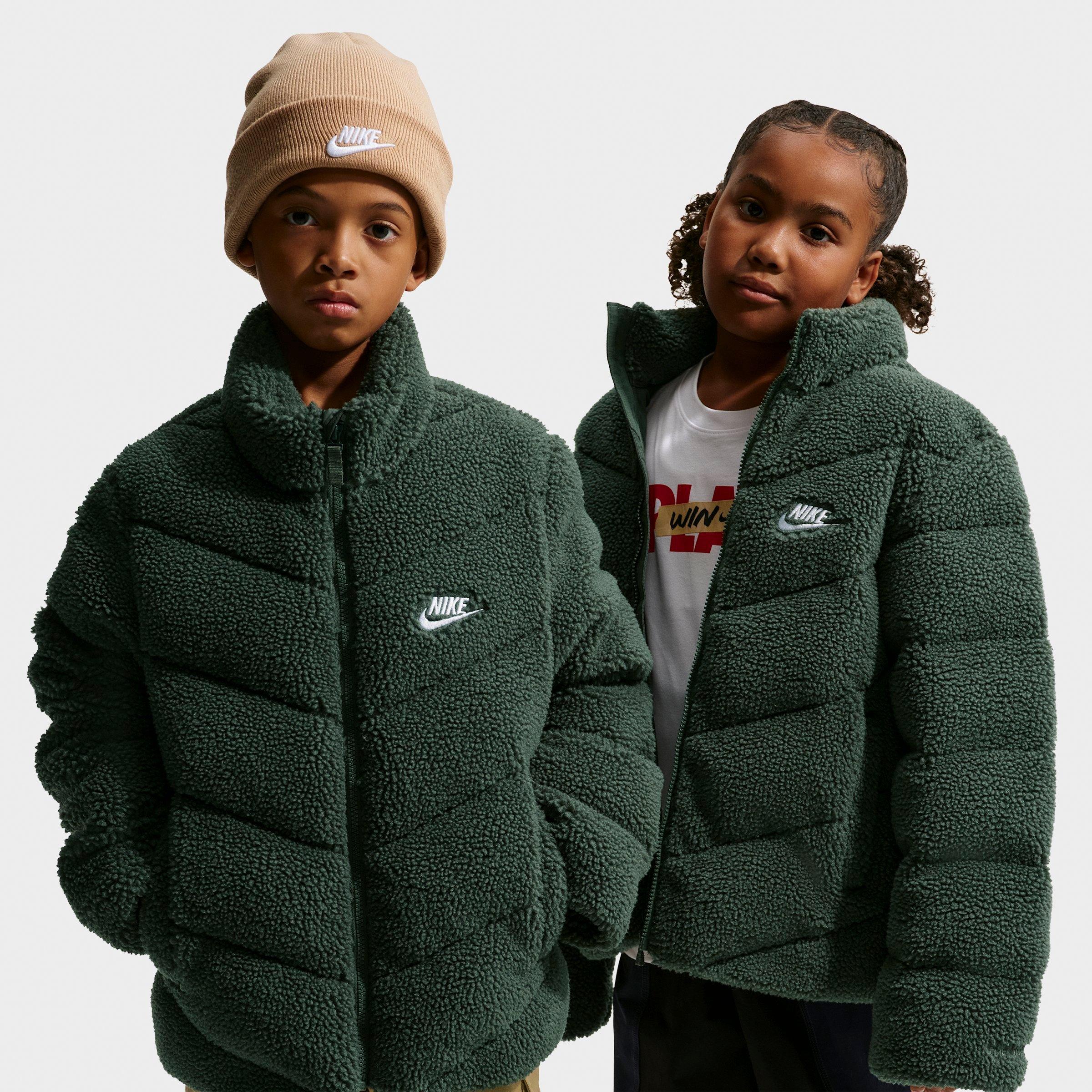 Nike Big Kids Sportswear Therma-FIT Loose Sherpa Full-Zip Puffer Jacket in Camo Green/Camo Green/White Size: Medium