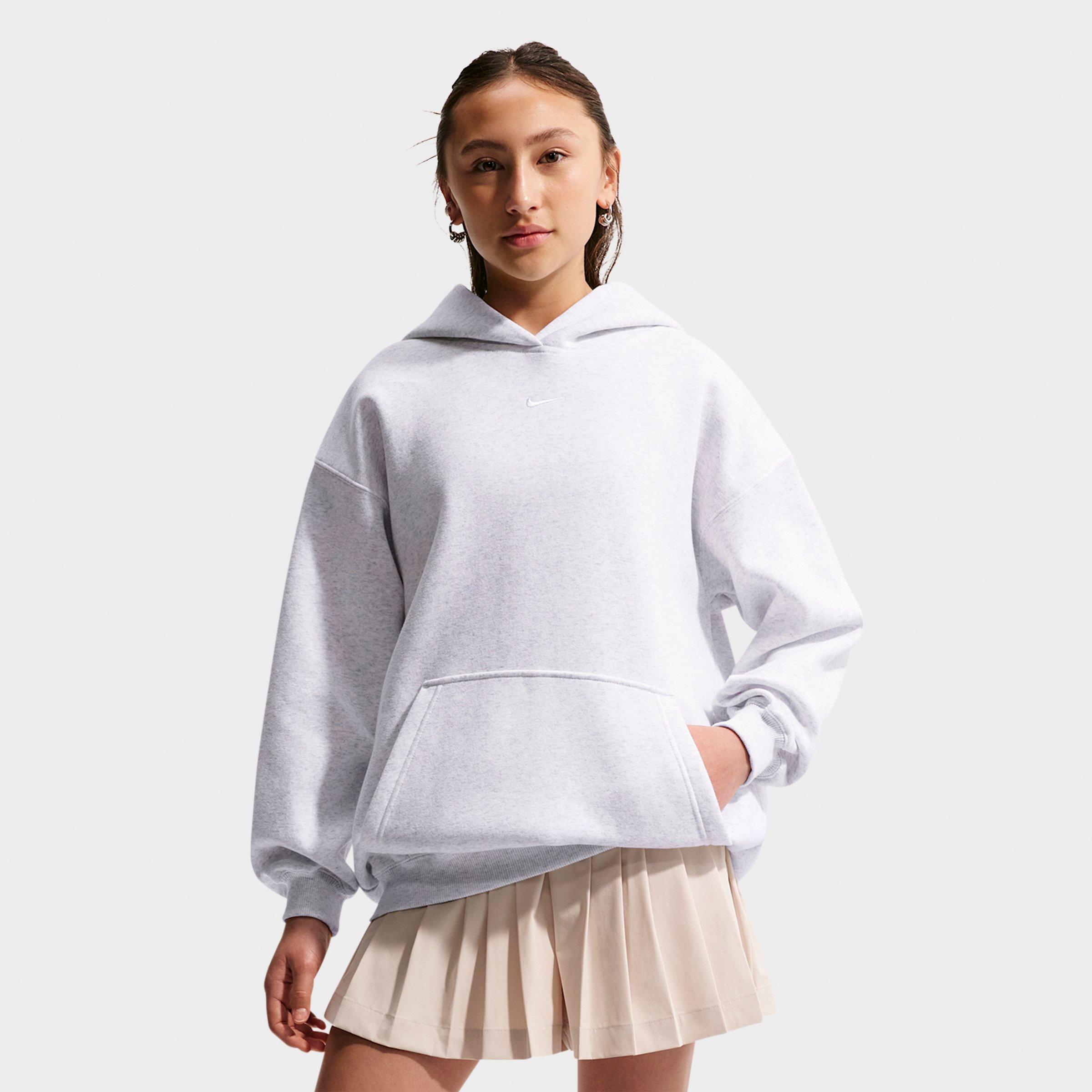 Nike Girls Big Kids Sportswear Studio Fleece Oversized Pullover Hoodie in Birch Heather/White Size: Medium