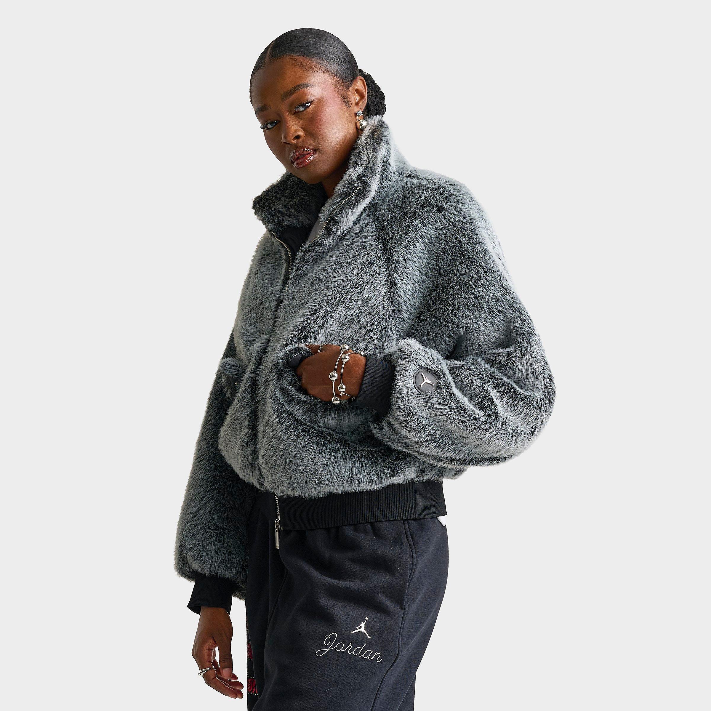 Jordan Women's Flight Faux Fur Jacket in Black/Light Smoke Grey Size: Small