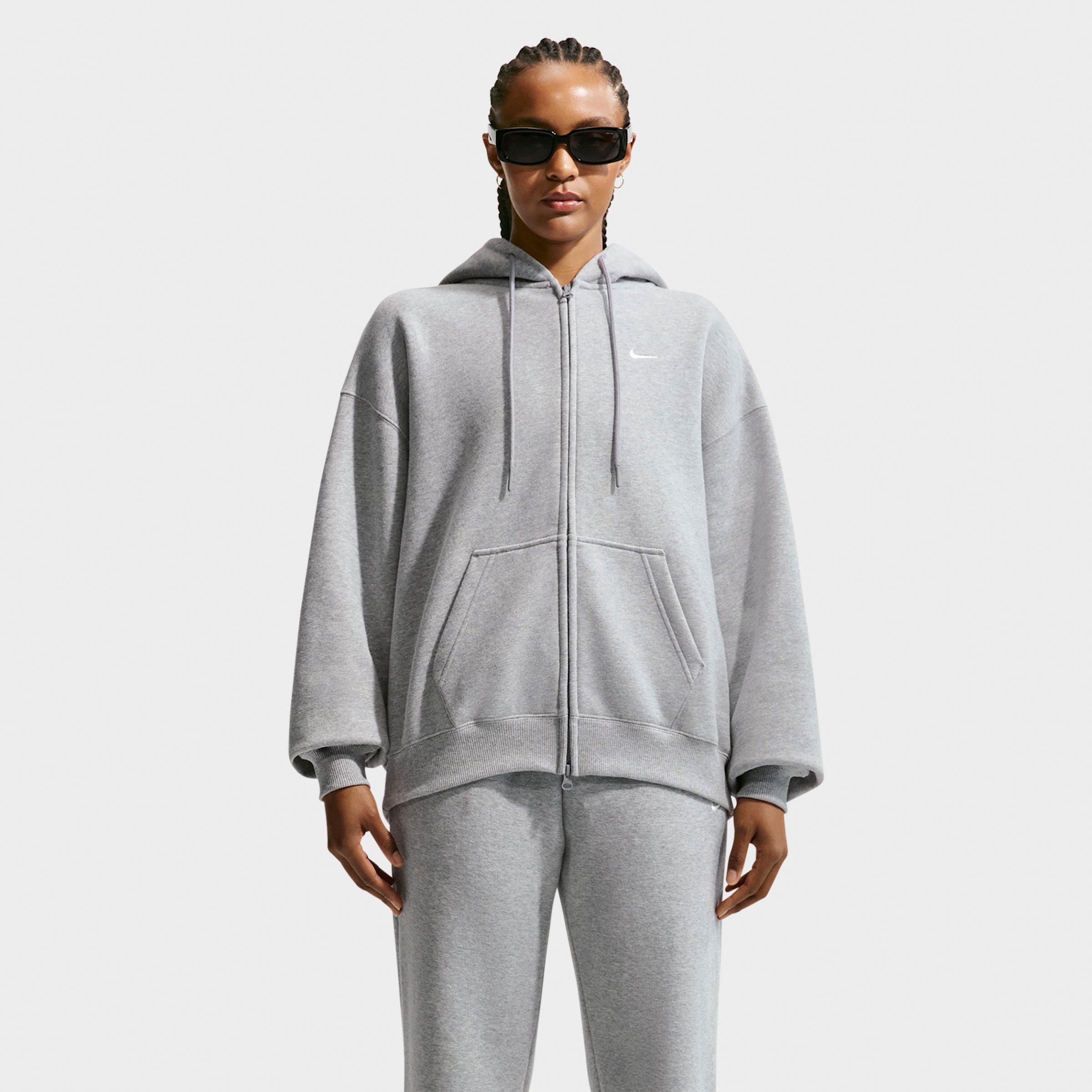 Nike Women's Studio Fleece Medium-Weight Oversized Full-Zip Hoodie in Dark Grey Heather/Sail Size: 2XL