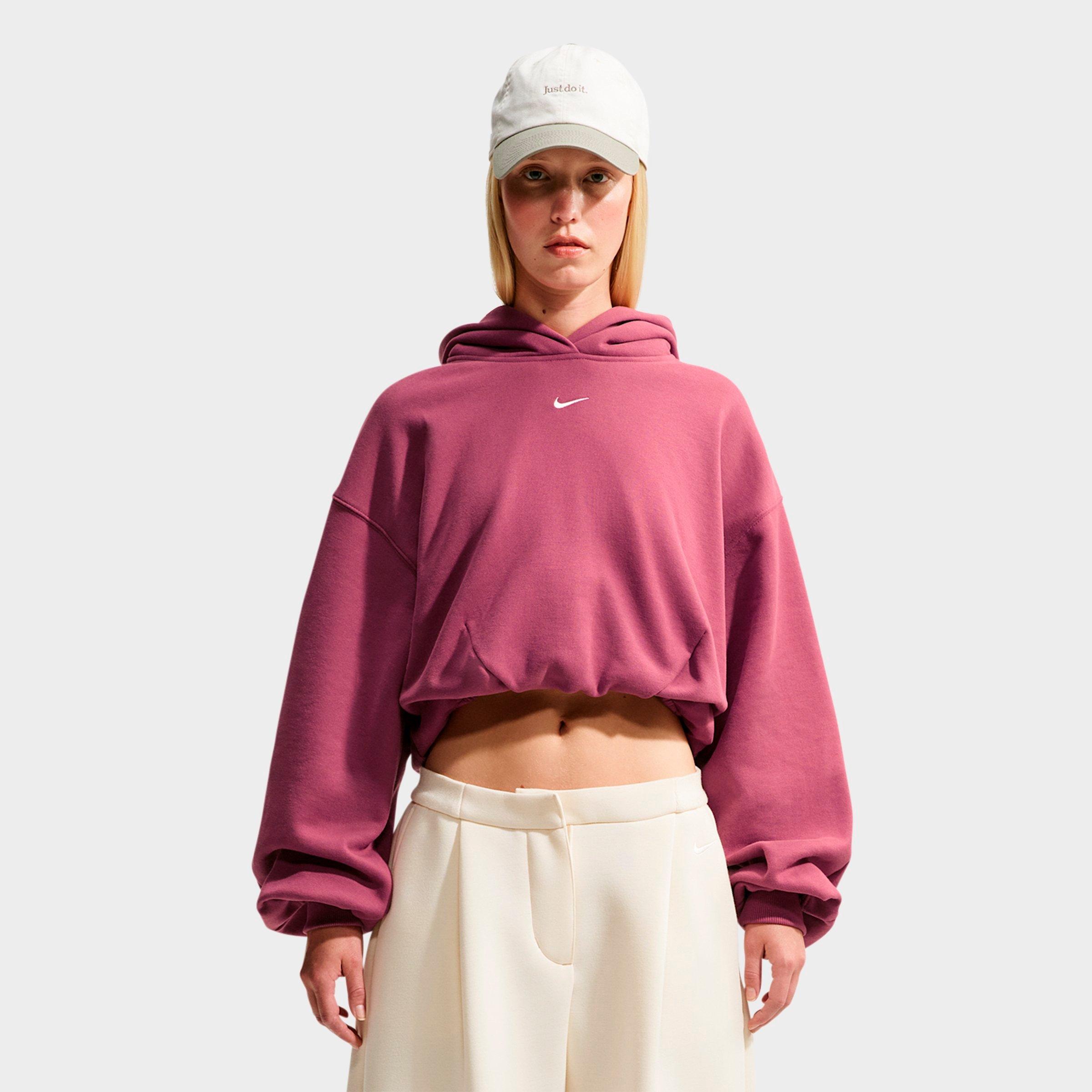 Nike Women's Studio Fleece Medium-Weight Oversized Cropped Pullover Hoodie in Pink Smoke/Sail Size: XS