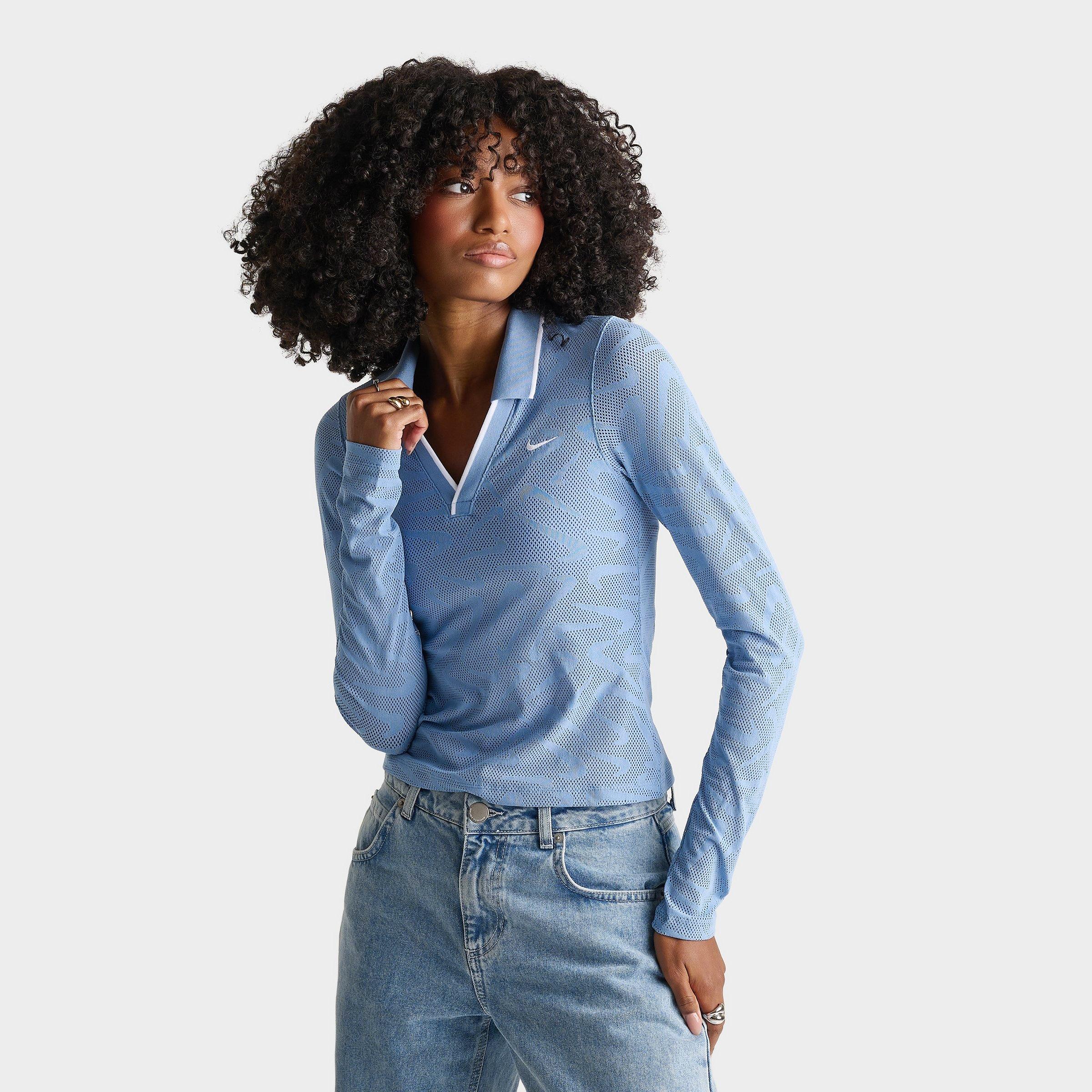 Nike Women's Sportswear Chill Knit Tight Mod-Cropped Long-Sleeve Lace Top in Work Blue/White Size: Large