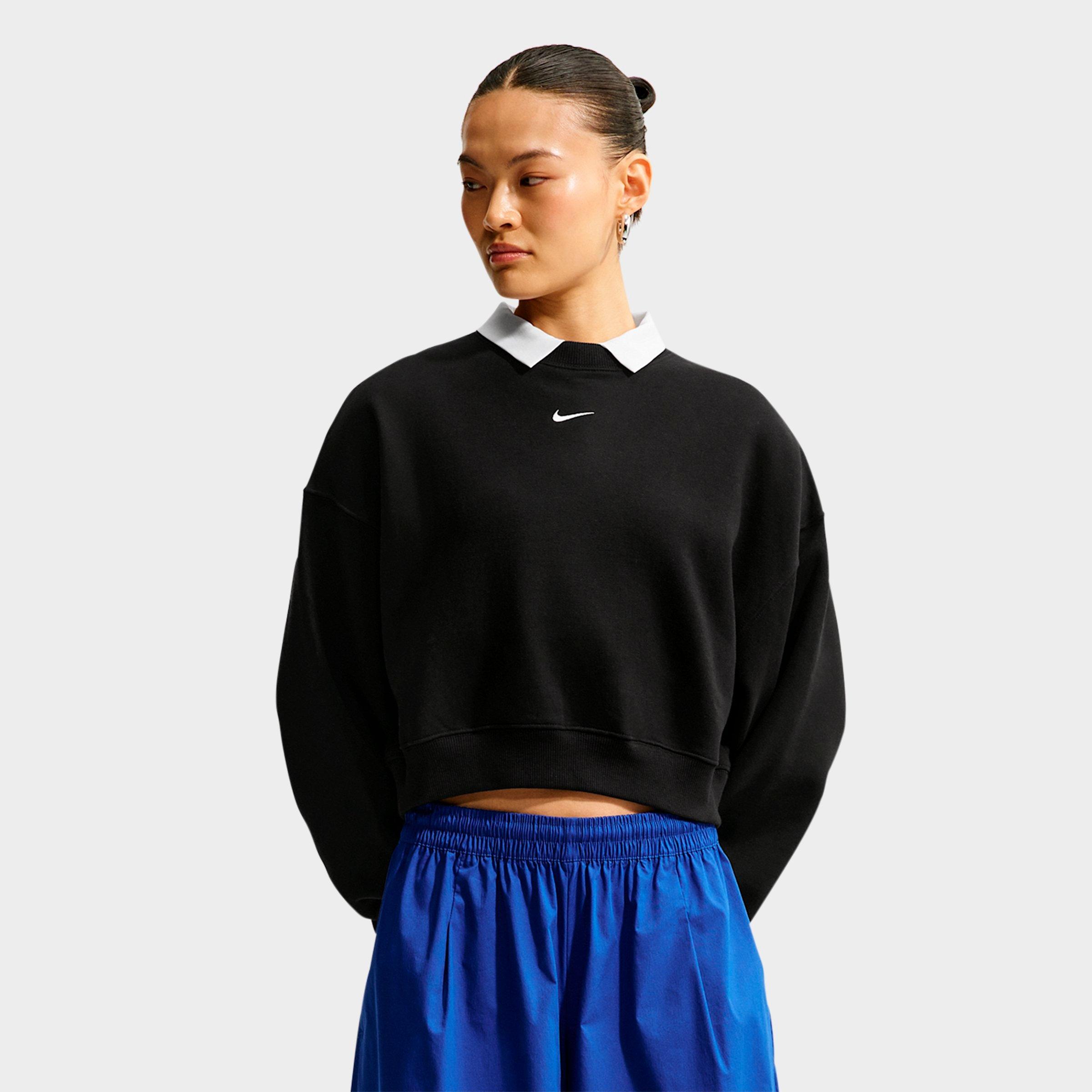 Nike Women's Studio Fleece Medium Weight Oversized Cropped Crewneck Sweatshirt in Total Black/Sail Size: Small