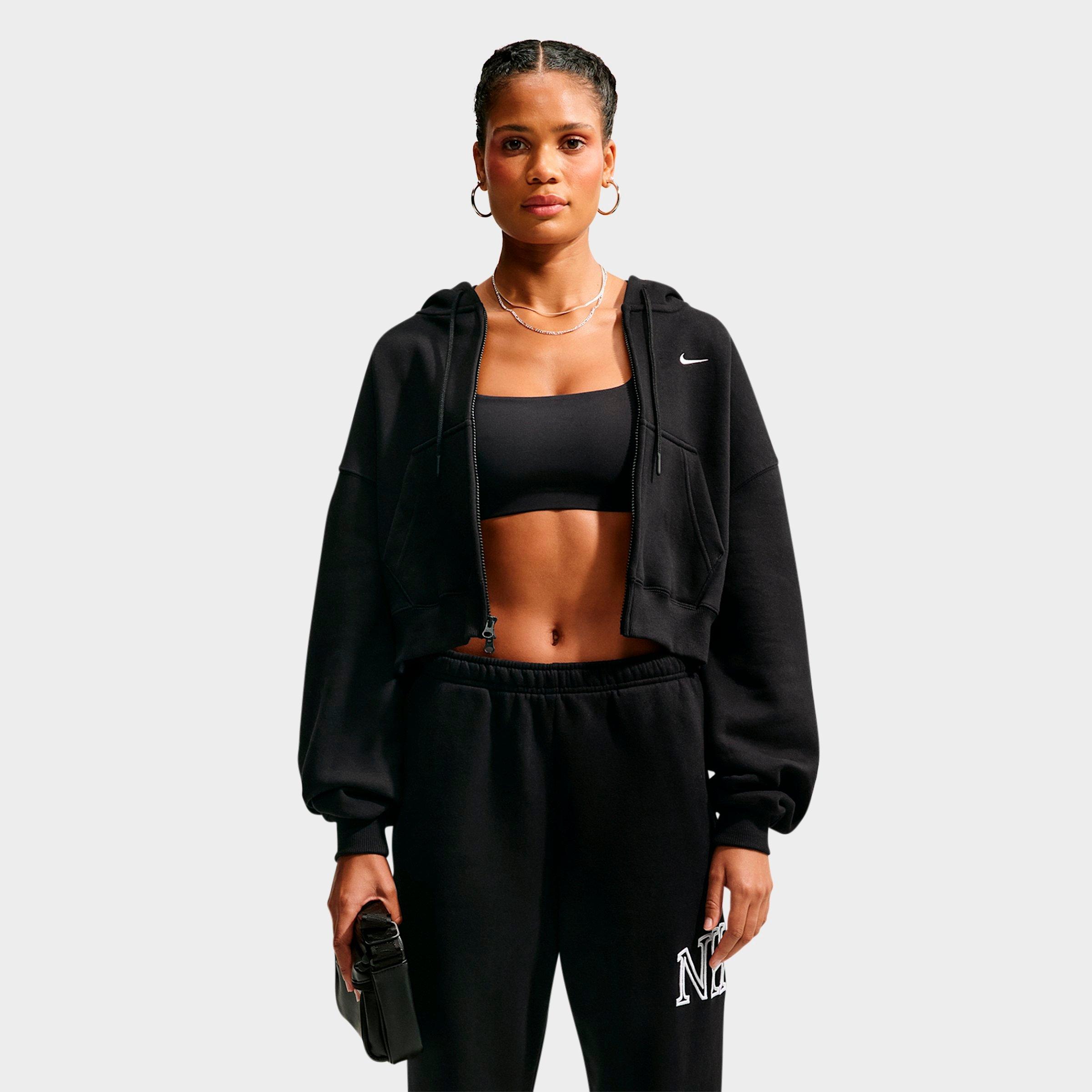 Nike Women's Studio Fleece Medium-Weight Oversized Cropped Full-Zip Hoodie in Total Black/Sail Size: Large