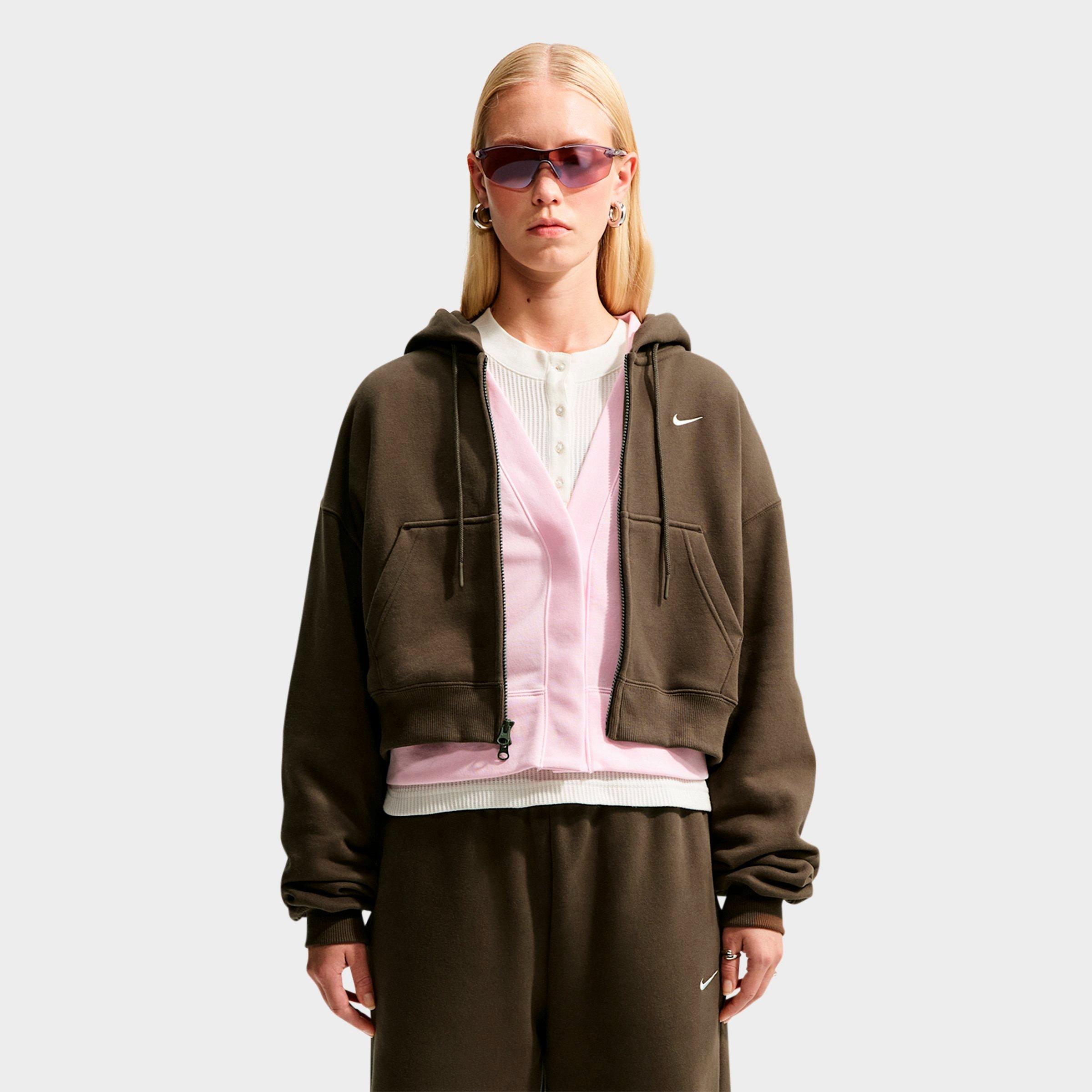 Nike Women's Studio Fleece Medium-Weight Oversized Cropped Full-Zip Hoodie in Dark Hazel/Sail Size: 2XL