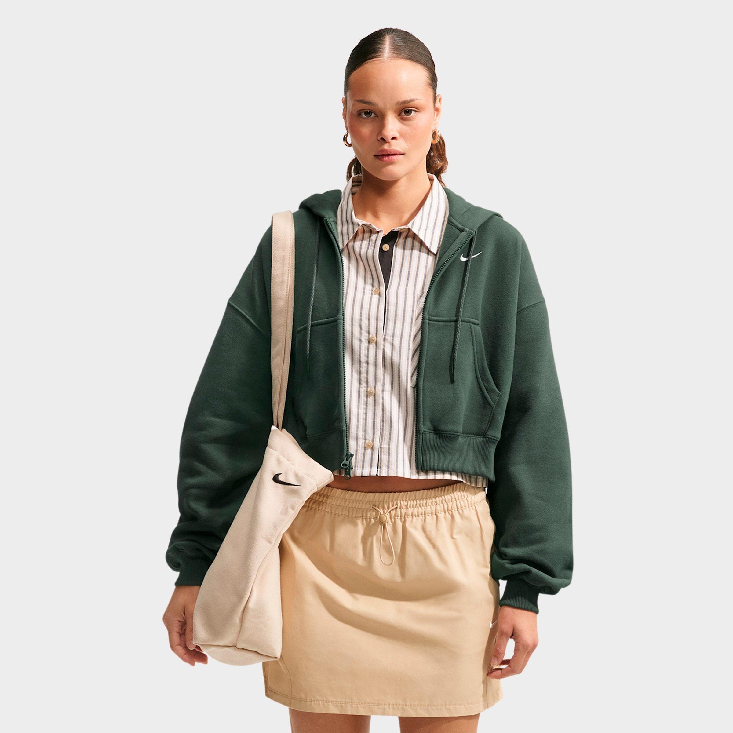 Nike Women's Studio Fleece Medium-Weight Oversized Cropped Full-Zip Hoodie in Camo Green/Sail Size: Large