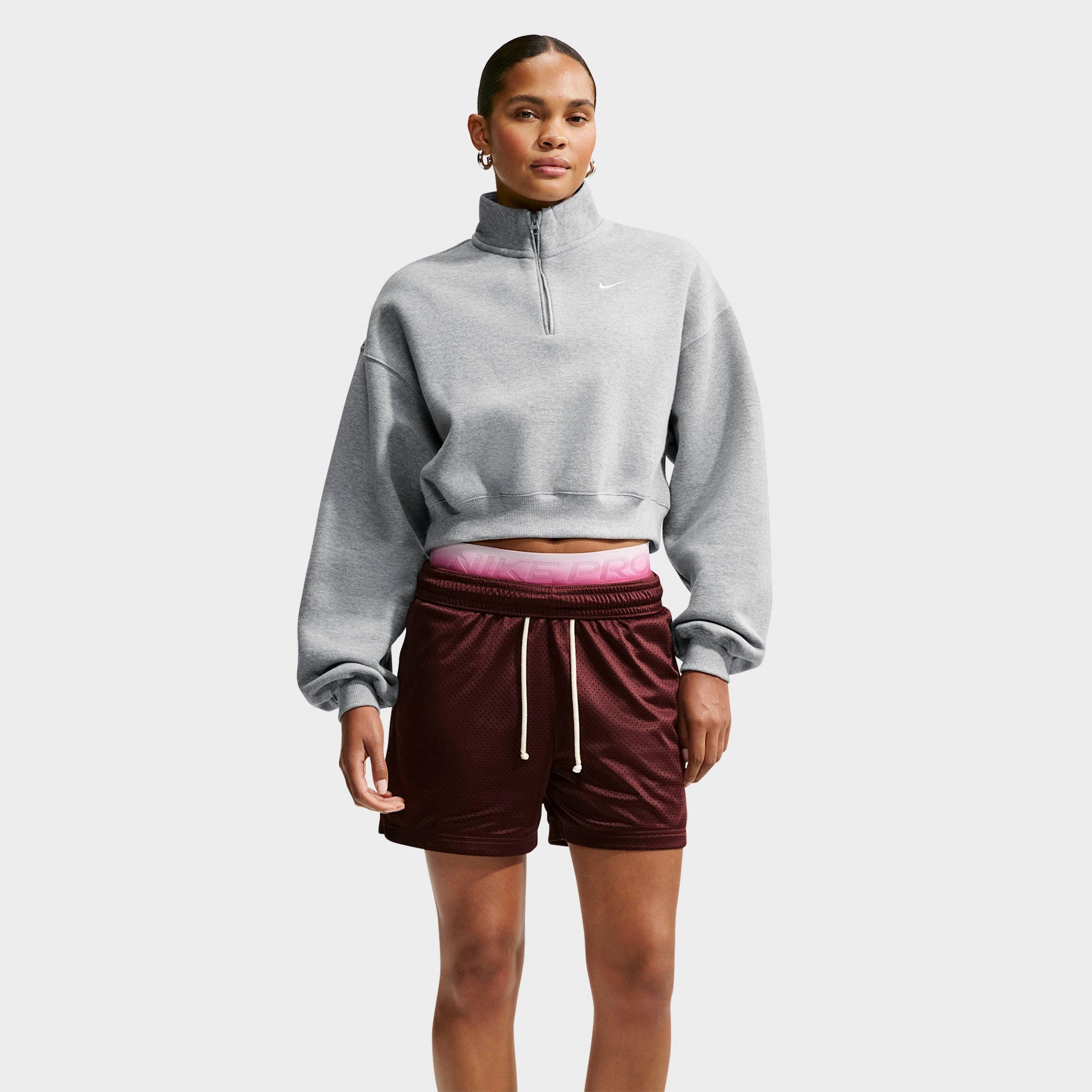 Nike Women's Studio Fleece Medium-Weight Oversized Cropped Quarter-Zip Jacket in Dark Grey Heather/Sail Size: XL