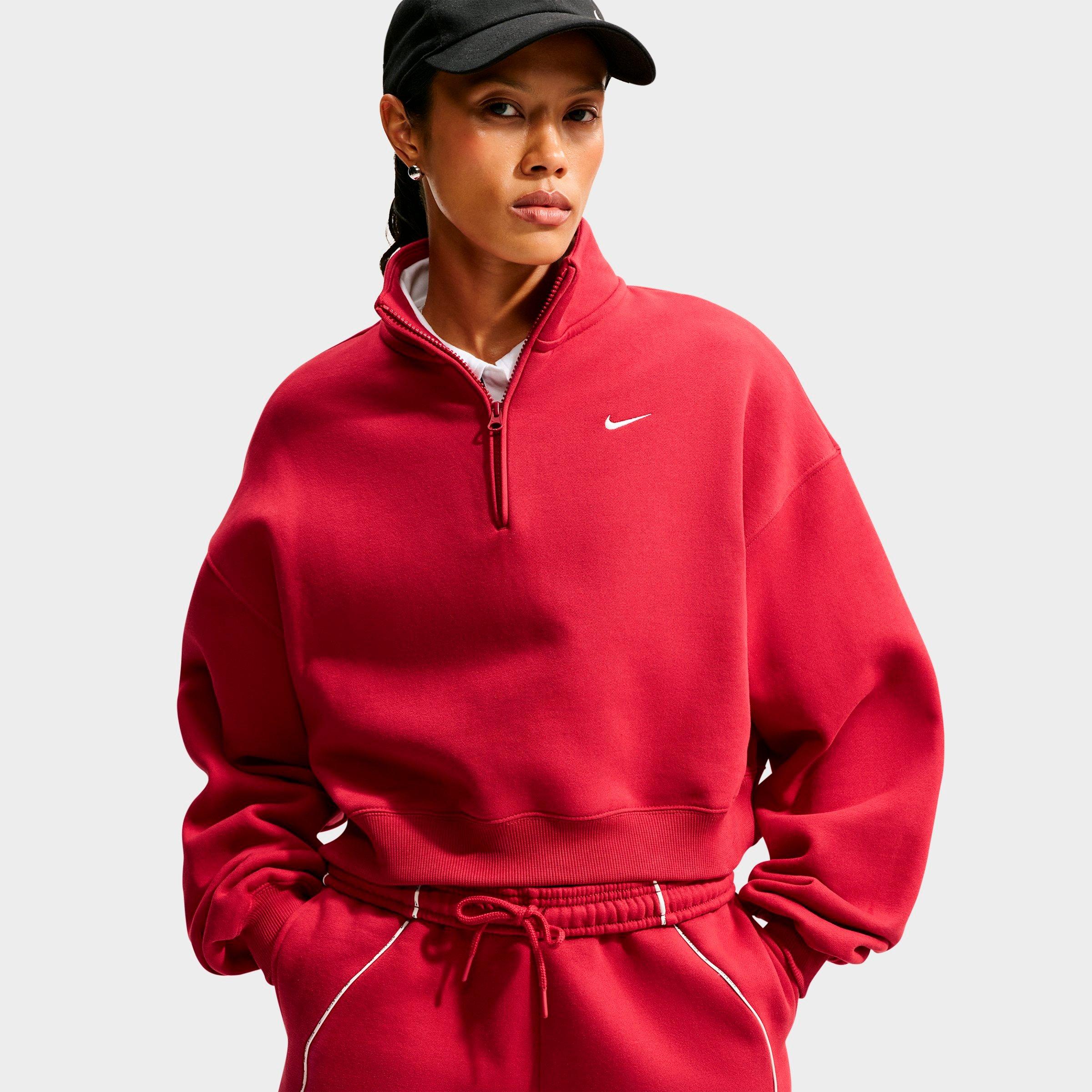 Nike Women's Studio Fleece Medium-Weight Oversized Cropped Quarter-Zip Jacket in Tough Red/Sail Size: Large