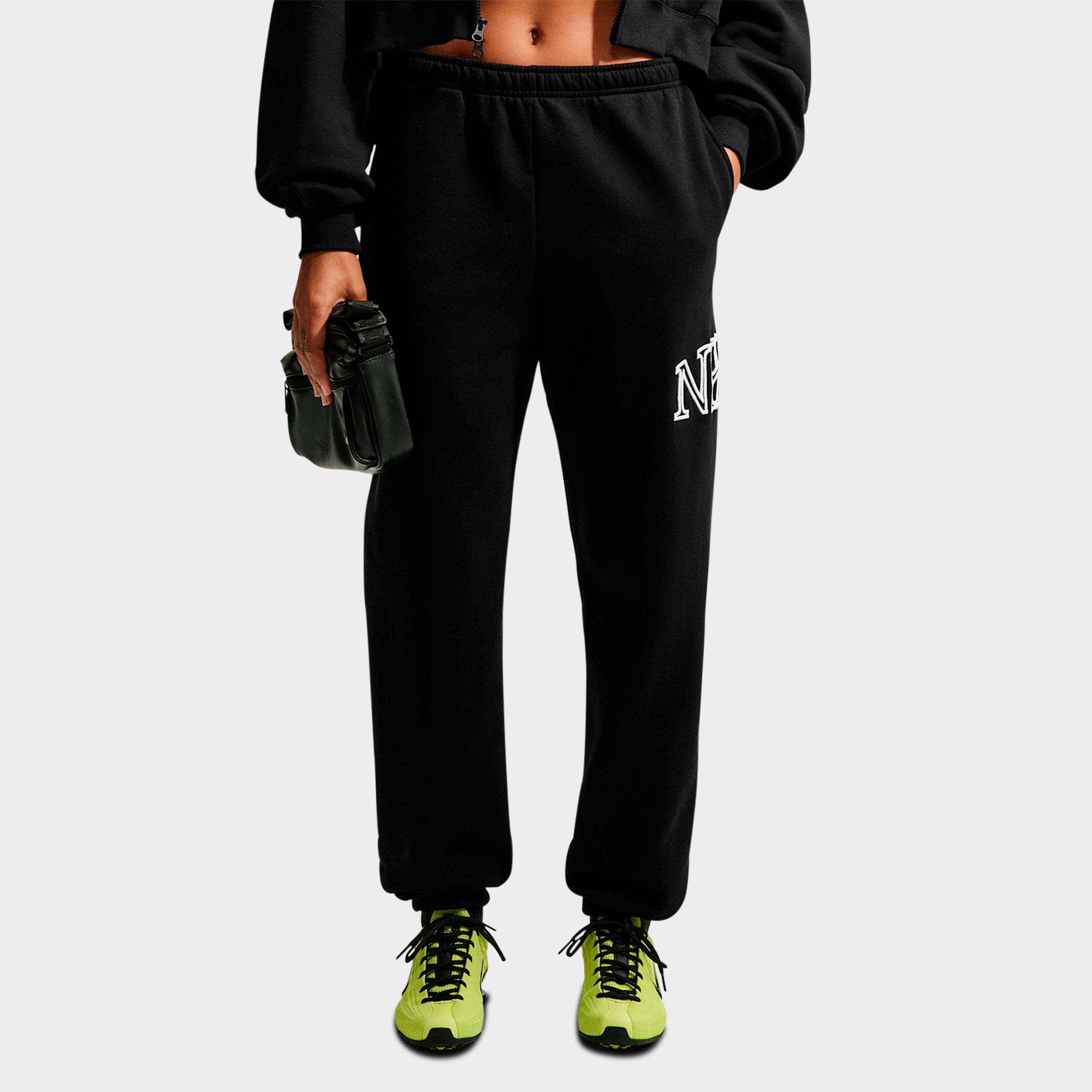 Nike Women's Studio Fleece Medium-Weight "Graphic Pack" Oversized Cuffed Logo Pants in Total Black/White Size: 2XL