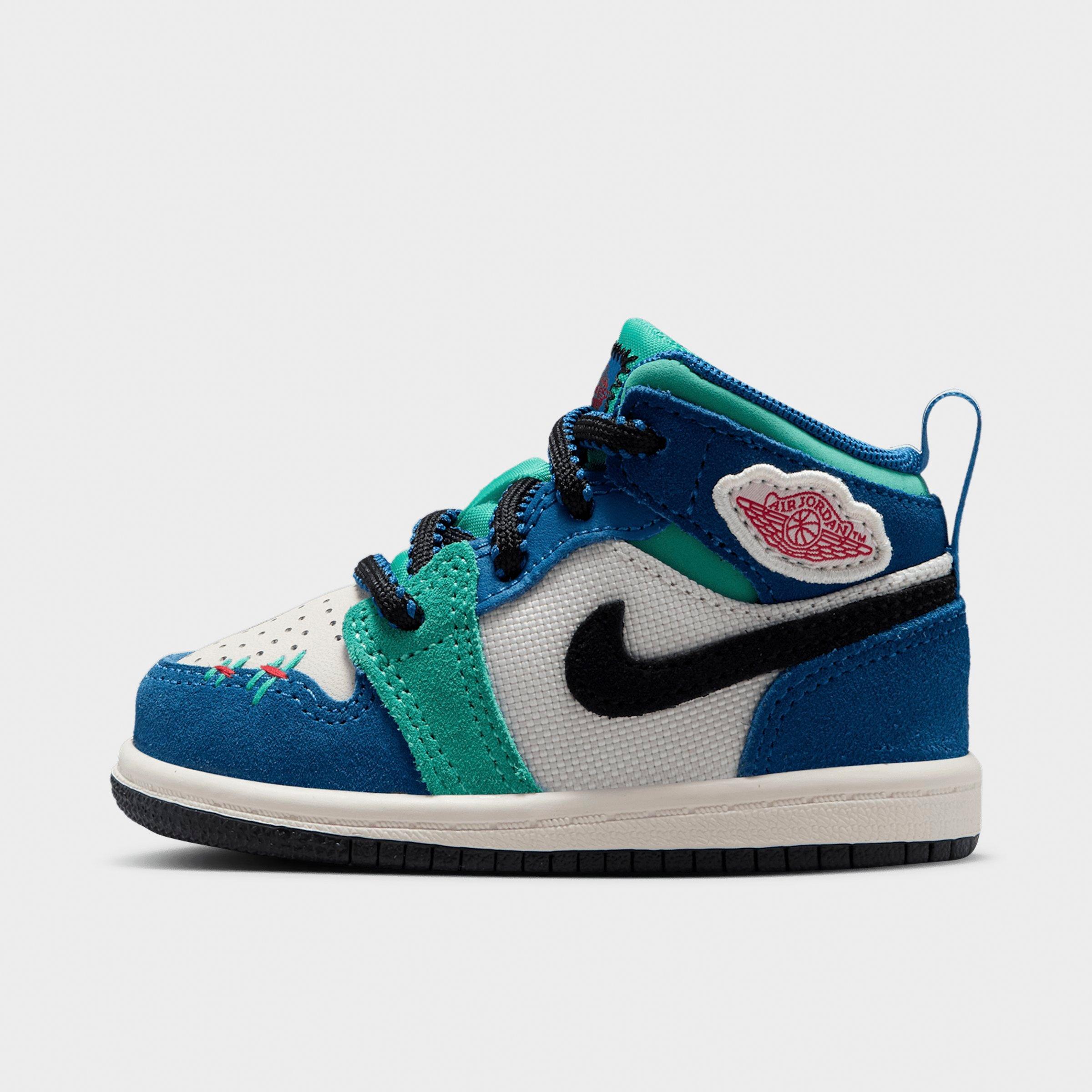 Jordan Kids Toddler Air Retro 1 Mid SE Casual Shoes in Chalk/True Blue/Kinetic Green Size: 3.0