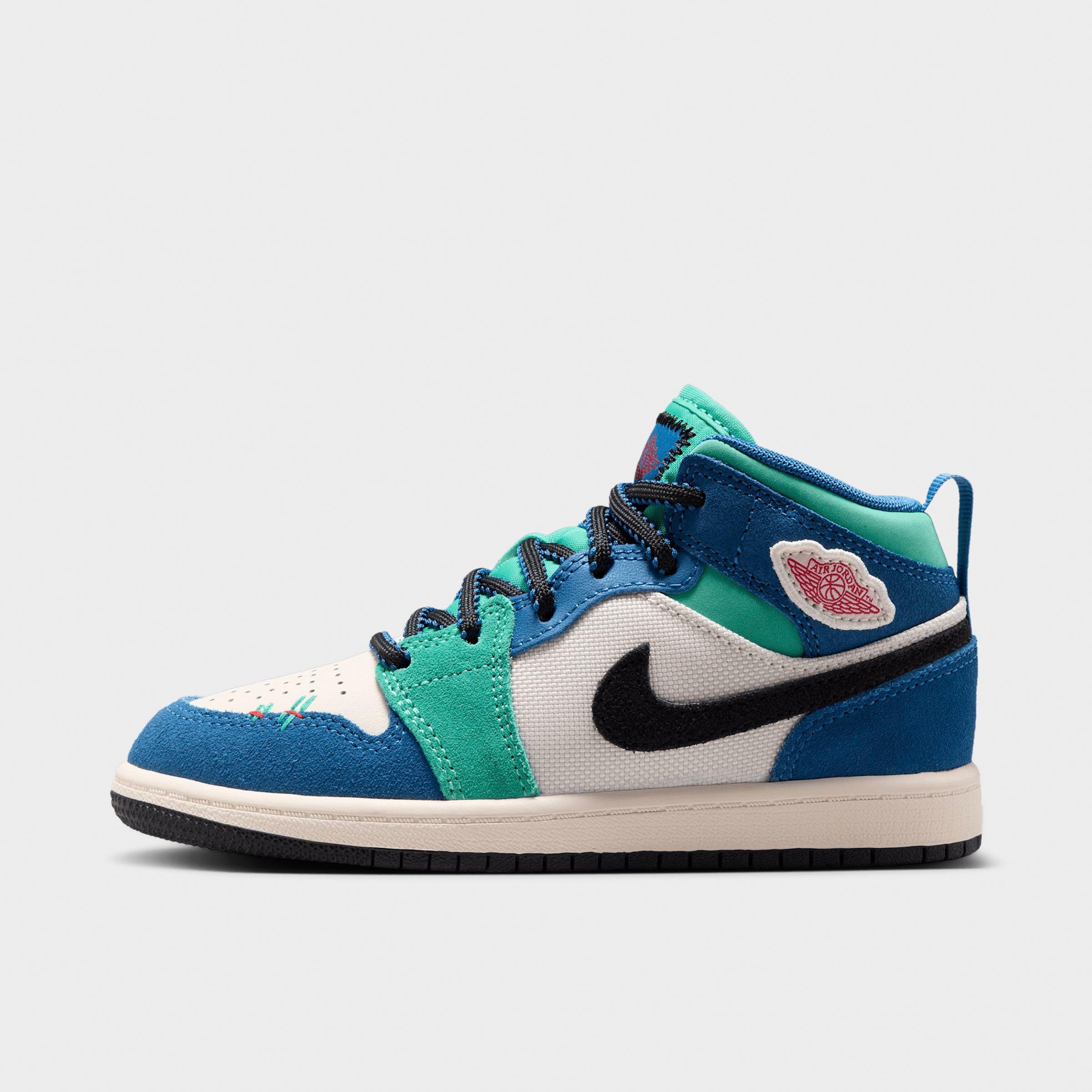 Jordan Little Kids Air Retro 1 Mid SE Casual Shoes in Chalk/True Blue/Kinetic Green Size: 2.5